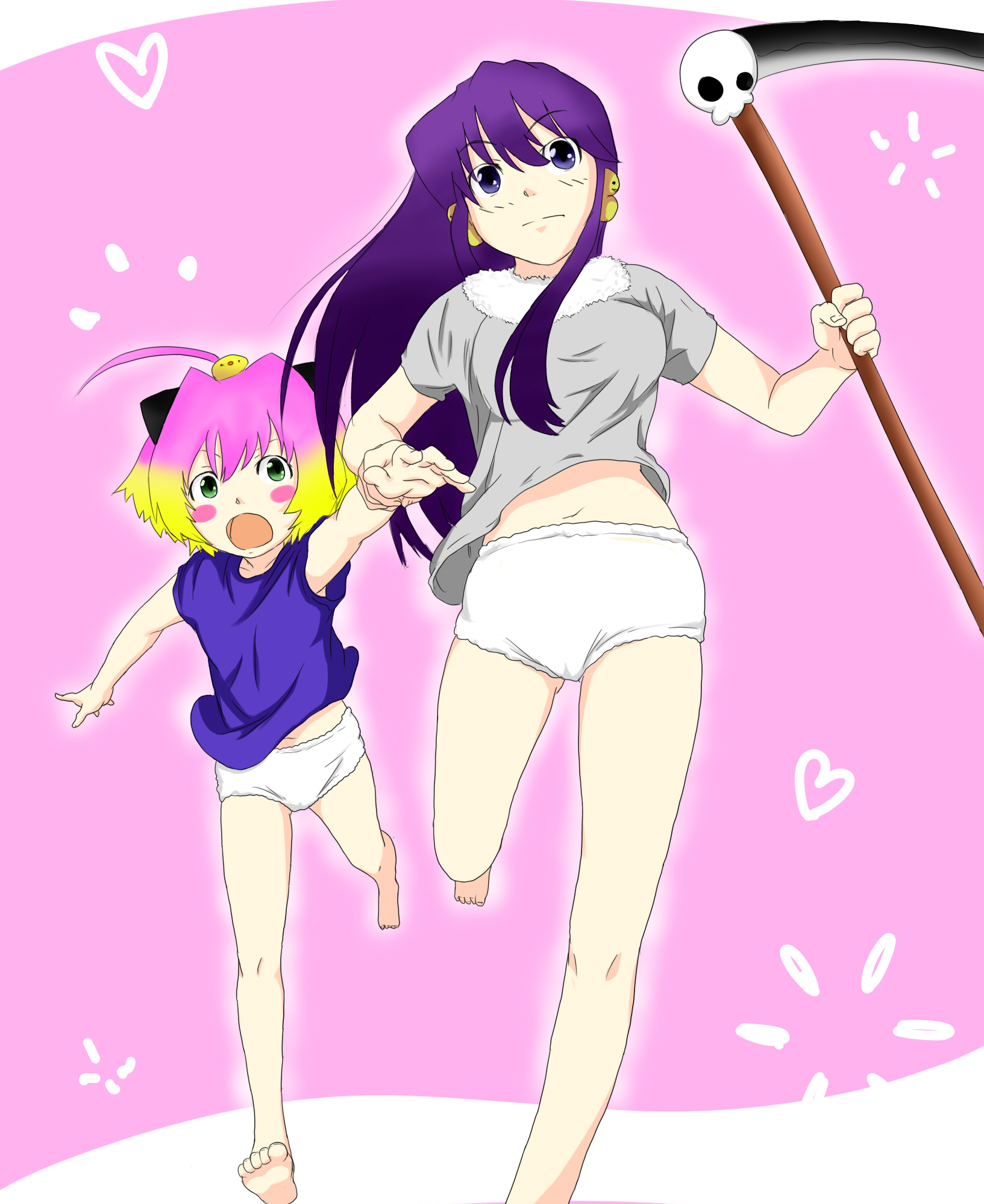 guchuko, hitotsubashi yurie, potemayo (character), saegusa matsuri, kamichu!, potemayo, highres, bloomers, blush, cosplay, crossover, gradient hair, guchuko (cosplay), multicolored hair, panties, potemayo (cosplay), scythe, underwear