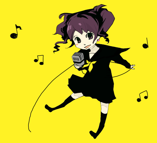 505 (artist), kujikawa rise, atlus, persona, persona 4, bad id, bad pixiv id, microphone, school uniform, serafuku, short twintails, solo, twintails, vintage microphone