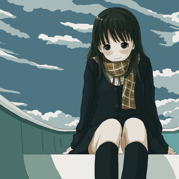 kokudou juunigou, bad id, bad pixiv id, 1girl, black eyes, black hair, boat, cloud, day, female focus, loli, long hair, panties, pantyshot, scarf, school uniform, sitting, sky, smile, solo, underwear, watercraft