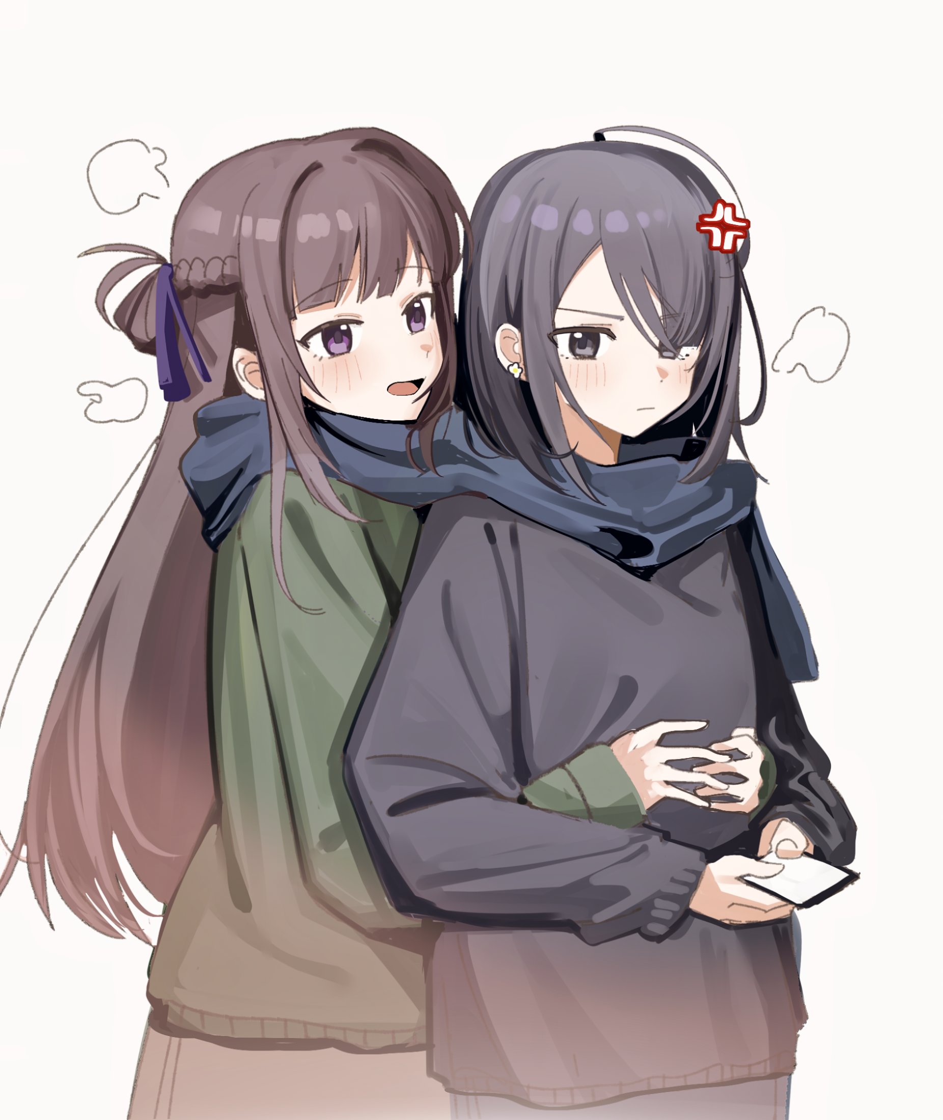haidao mao, miyagi shiori, sendai hazuki, shuuniichido classmate wo kau hanashi, commentary, hashtag-only commentary, highres, 2girls, ahoge, black hair, black sweater, blush, braid, brown hair, closed mouth, earrings, green sweater, hair over one eye, half up braid, holding, holding phone, hug, hug from behind, jewelry, long hair, long sleeves, medium hair, multiple girls, open mouth, phone, purple eyes, scarf, shared clothes, shared scarf, sidelocks, simple background, sweater, white background, yuri