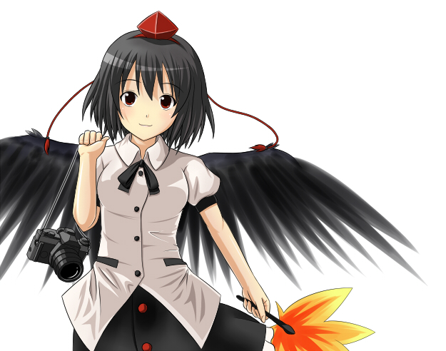 kuri youkan, shameimaru aya, touhou, bad id, bad pixiv id, 1girl, :3, black hair, black wings, camera, female focus, hand fan, hat, short hair, simple background, solo, wings