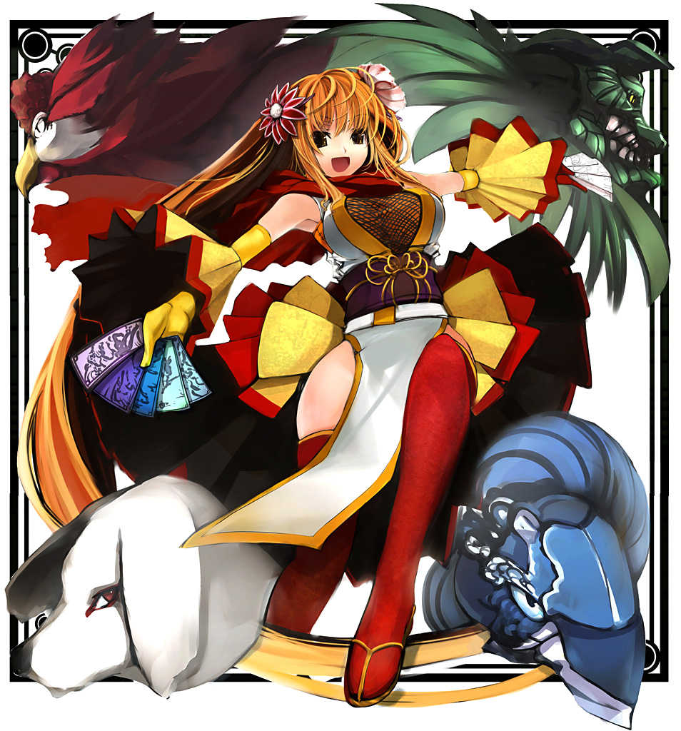 pupps, pixiv fantasia, pixiv fantasia 2, 1girl, detached sleeves, female focus, japanese clothes, long hair, orange hair, solo, thighhighs