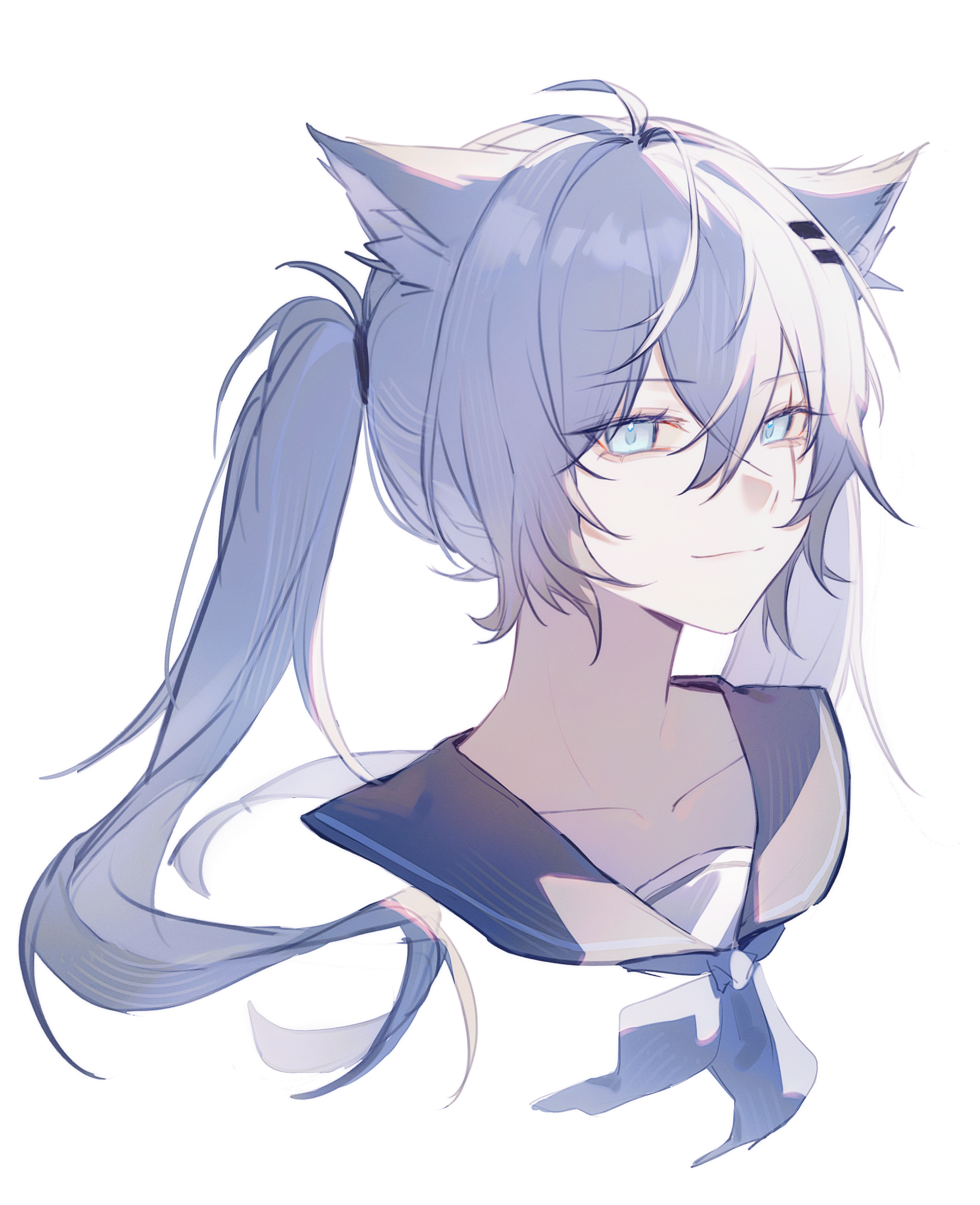 lappland (arknights), arknights, absurdres, chinese commentary, commentary request, highres, 1girl, animal ears, black sailor collar, blue eyes, chen tian bushi tian, closed mouth, collarbone, cropped shoulders, grey hair, grey neckerchief, hair between eyes, hair ornament, hair tie, hairclip, light smile, long hair, looking at viewer, neckerchief, ponytail, sailor collar, scar, scar across eye, scar on face, simple background, solo, white background, wolf ears, wolf girl
