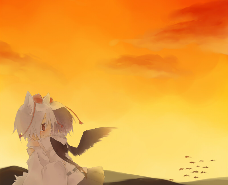 nano (pixiv), nano (sekyu), inubashiri momiji, shameimaru aya, touhou, bad id, bad pixiv id, 2girls, animal ears, black wings, female focus, hat, hug, multiple girls, wings, wolf, wolf ears