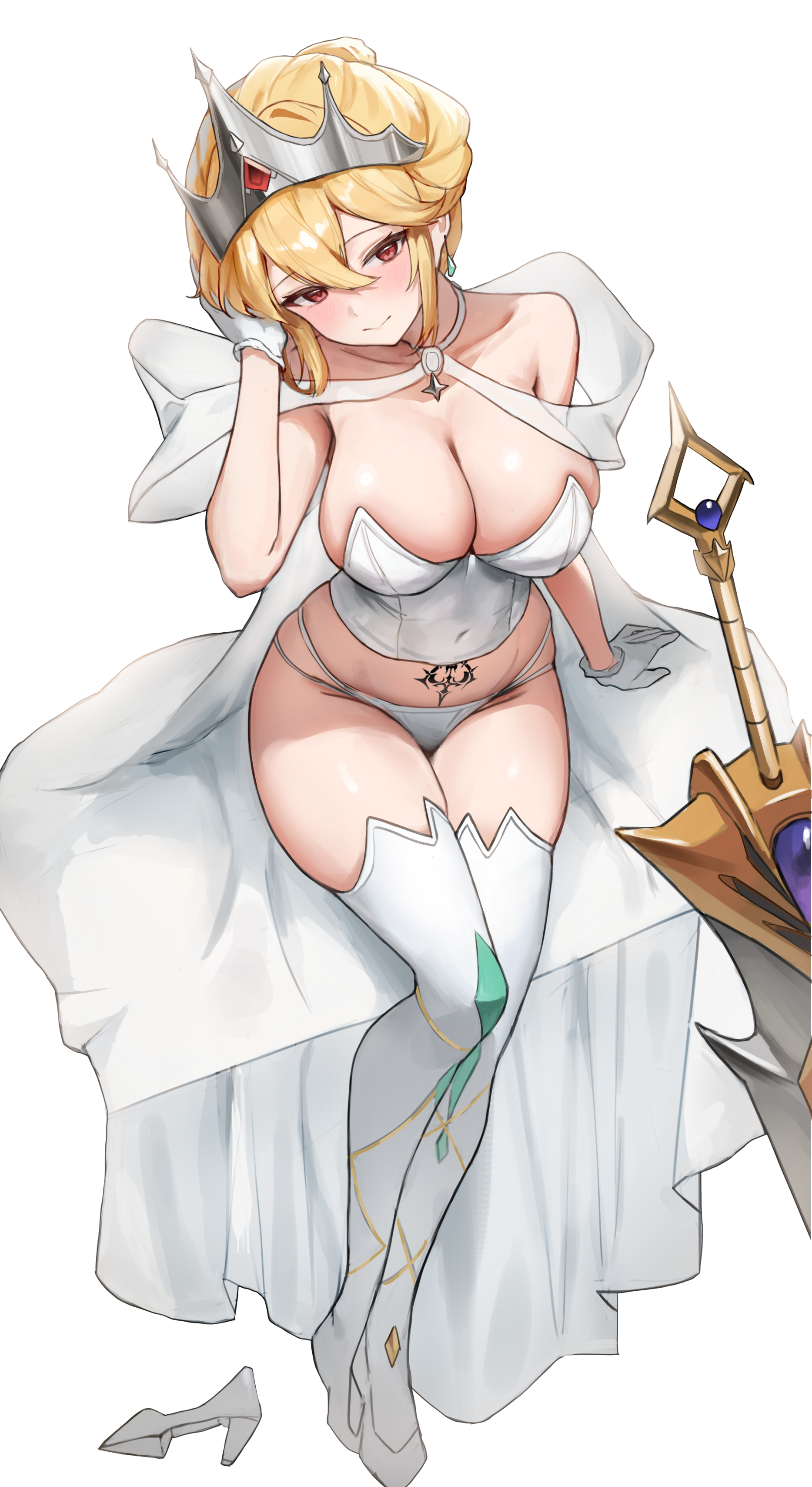 muhae (dcnh8882), original, absurdres, commission, highres, 1girl, bare shoulders, blonde hair, bodice, breasts, cape, choker, cleavage, closed mouth, collarbone, covered navel, crown, gloves, hair between eyes, hand up, high heels, large breasts, looking at viewer, medium hair, multi-strapped panties, panties, red eyes, shawl, shoes, sidelocks, simple background, sitting, smile, solo, stomach tattoo, string panties, sword, tattoo, thighhighs, thighs, underwear, weapon, white background, white bodice, white cape, white choker, white gloves, white panties, white shoes, white thighhighs