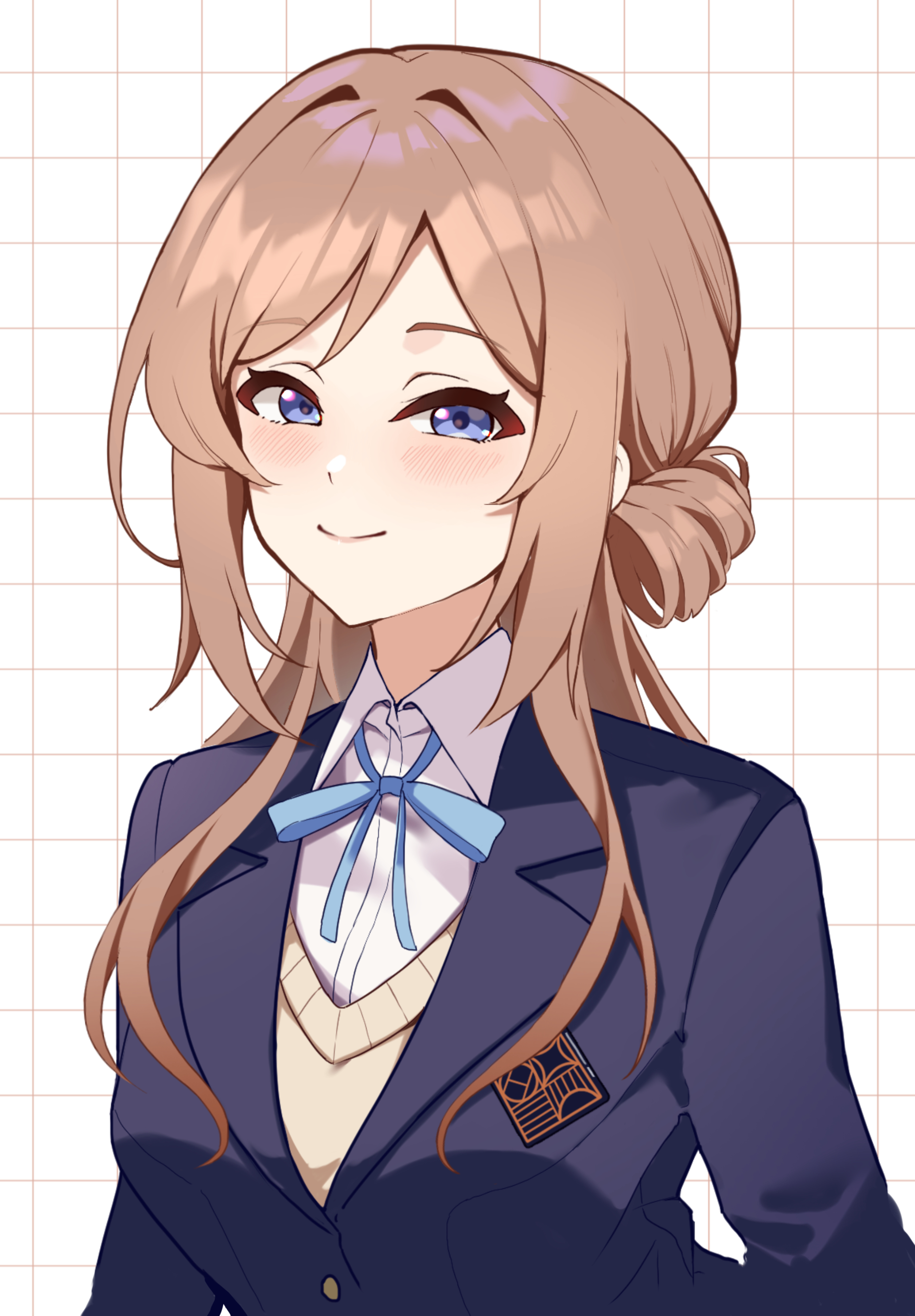 shibazakie, himesaki rinami, gakuen idolmaster, idolmaster, absurdres, commentary request, highres, 1girl, blazer, blue eyes, blue jacket, blue ribbon, blush, brown hair, grid background, hatsuboshi gakuen school uniform, jacket, neck ribbon, ribbon, school uniform, shirt, smile, solo, sweater, upper body, white shirt, yellow sweater