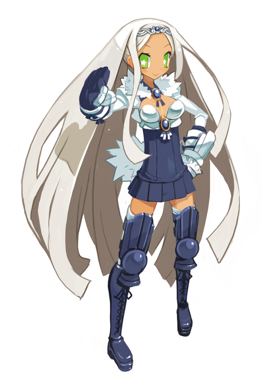 harada takehito, sapphire rhodonite, disgaea, makai senki disgaea 3, nippon ichi, highres, official art, scan, 1girl, boots, dark-skinned female, dark skin, female focus, solo, thigh boots, thighhighs