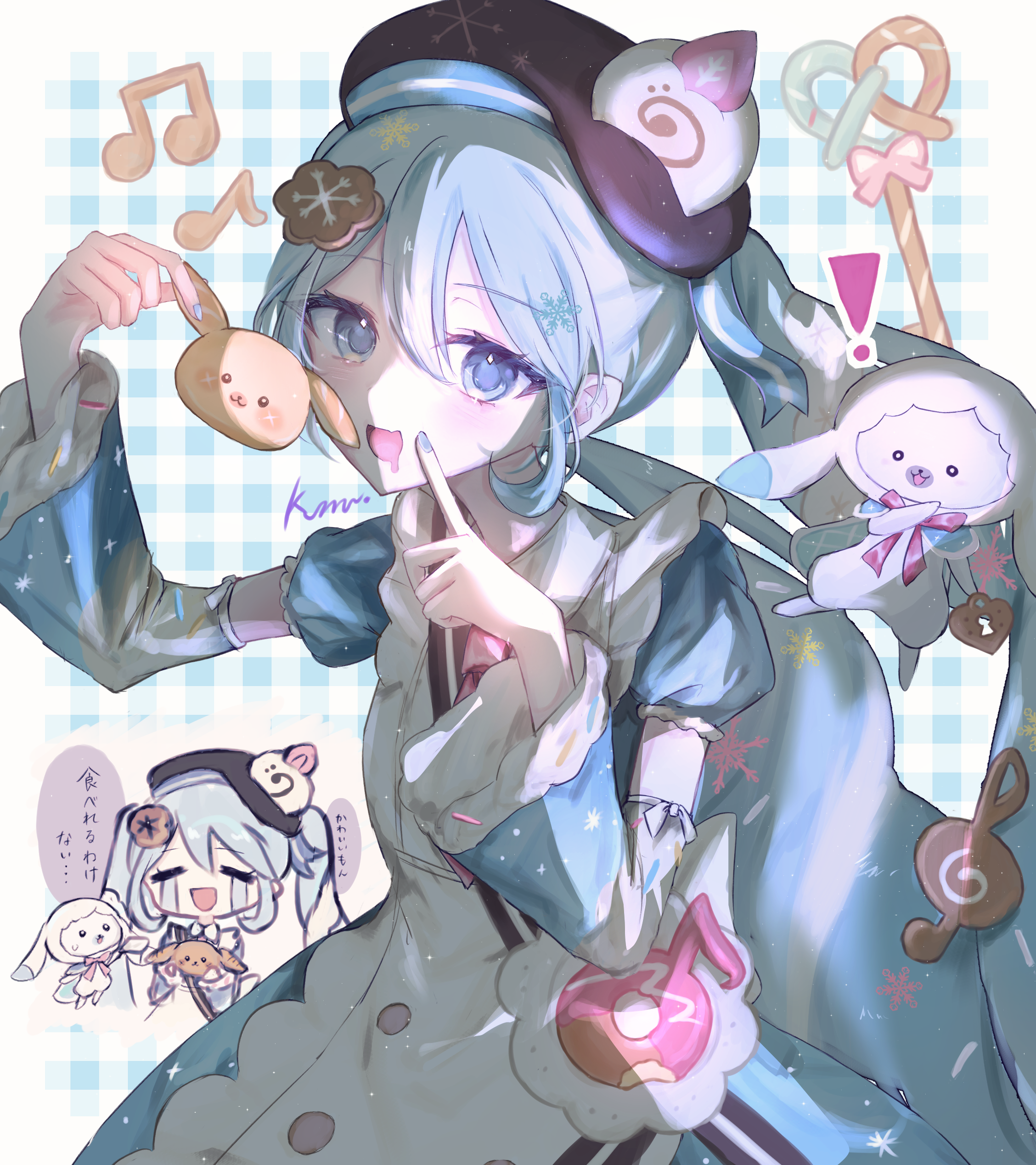 hatsune miku, rabbit yukine, yuki miku, yuki miku (2026), vocaloid, absurdres, commentary, highres, symbol-only commentary, 1girl, apron, aqua eyes, aqua hair, aqua nails, beret, blush, cake, cookie hair ornament, food, food-themed hair ornament, fruit, hair between eyes, hair ornament, hat, holding, holding food, kumu39 (pixiv98385696), long hair, long sleeves, looking at viewer, official alternate costume, official alternate hairstyle, rabbit, smile, strawberry, strawberry swiss roll, swiss roll, twintails, very long hair, white apron