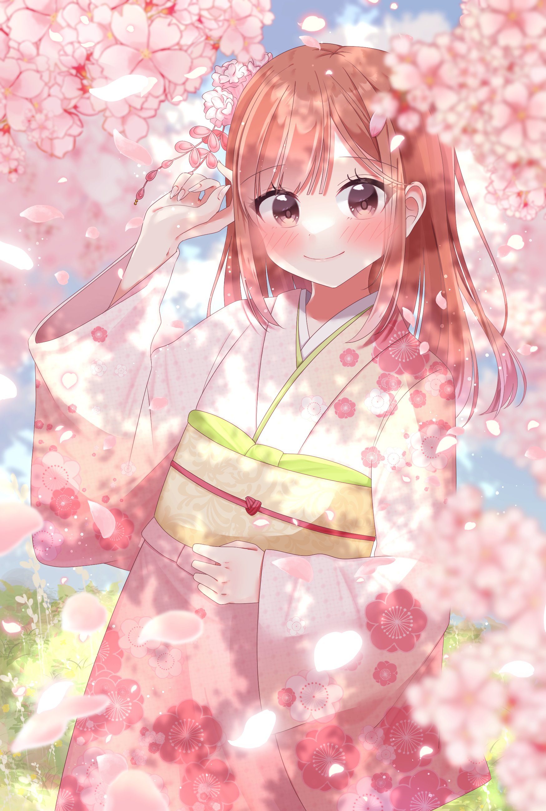maria 0422, indie virtual youtuber, absurdres, commentary request, commission, highres, second-party source, skeb commission, 1girl, blush, brown eyes, brown hair, cherry blossoms, closed mouth, cowboy shot, day, falling petals, floral print, floral print kimono, german commentary, hand up, japanese clothes, kimono, kurisu (vtuber), long hair, long sleeves, looking at viewer, obi, obiage, obijime, outdoors, petals, pink kimono, print kimono, sash, smile, solo, standing, virtual youtuber, wide sleeves