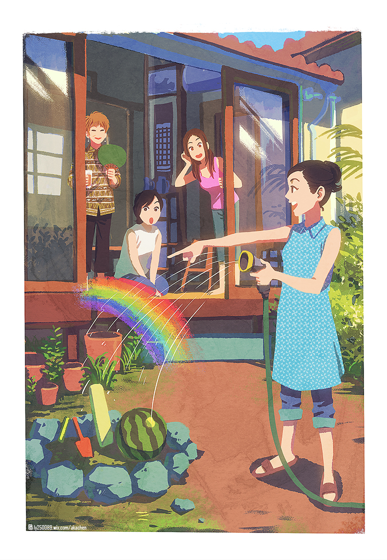 a-ka, character request, commentary request, 4girls, :>, :o, arms between legs, bare arms, bare shoulders, black hair, black pants, blue dress, blue pants, breasts, brown eyes, brown hair, brown sandals, brown shirt, capri pants, closed eyes, closed mouth, collared dress, cup, day, dress, drinking glass, earrings, flower pot, food, fruit, full body, glass door, hand fan, hand in own hair, hand up, holding, holding cup, holding fan, holding hose, hose, house, jewelry, leaning forward, looking at another, looking to the side, medium breasts, multiple girls, open mouth, outdoors, outstretched arm, pants, pants rolled up, paper fan, parted bangs, pink tank top, plant, pointing, ponytail, print shirt, rainbow, raised eyebrows, reflection, sandals, seiza, shirt, short hair, short ponytail, sitting, sleeveless, sleeveless dress, sleeveless shirt, slides, sliding doors, small breasts, smile, spraying, standing, suika (tv series), tank top, trowel, turning head, uchiwa, water, watermark, watermelon, web address, white shirt