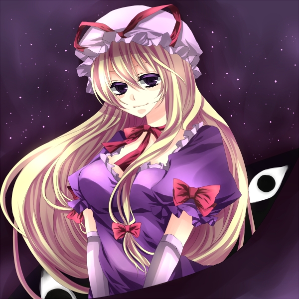 yakumo yukari, touhou, 1girl, blonde hair, breasts, female focus, gradient background, hat, long hair, outdoors, purple eyes, sky, solo, upper body