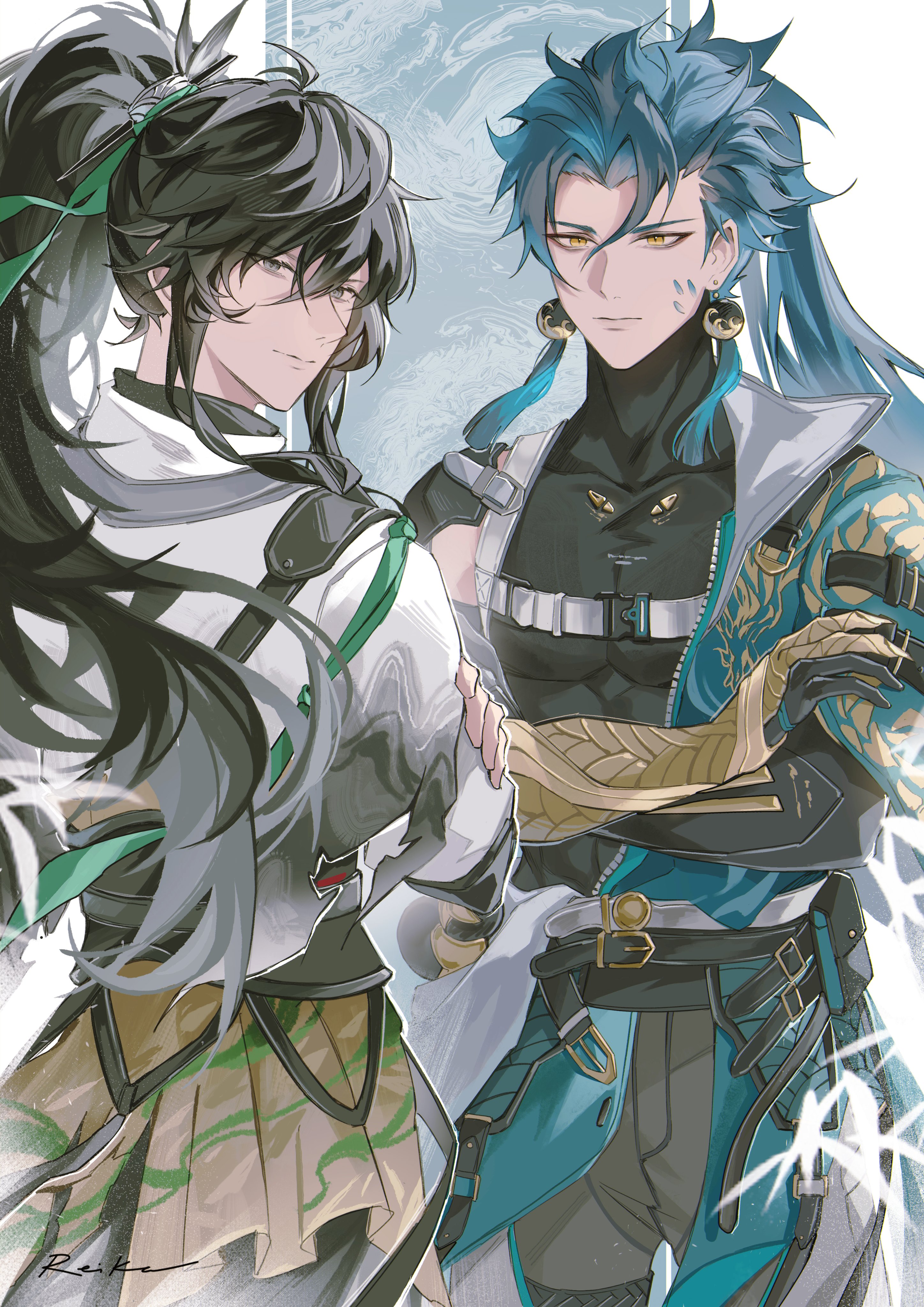 reika (reikadraws), jiyan (wuthering waves), qiuyuan (wuthering waves), wuthering waves, absurdres, commentary, highres, 2boys, black hair, black shirt, closed mouth, crossed arms, earrings, gauntlets, green hair, green kimono, green ribbon, grey eyes, grey pants, hadanugi dousa, hair between eyes, hair ribbon, japanese clothes, jewelry, kimono, light smile, long hair, looking at viewer, looking back, male focus, multiple boys, open kimono, pants, ponytail, ribbon, scales, shirt, turtleneck, turtleneck shirt, yellow eyes