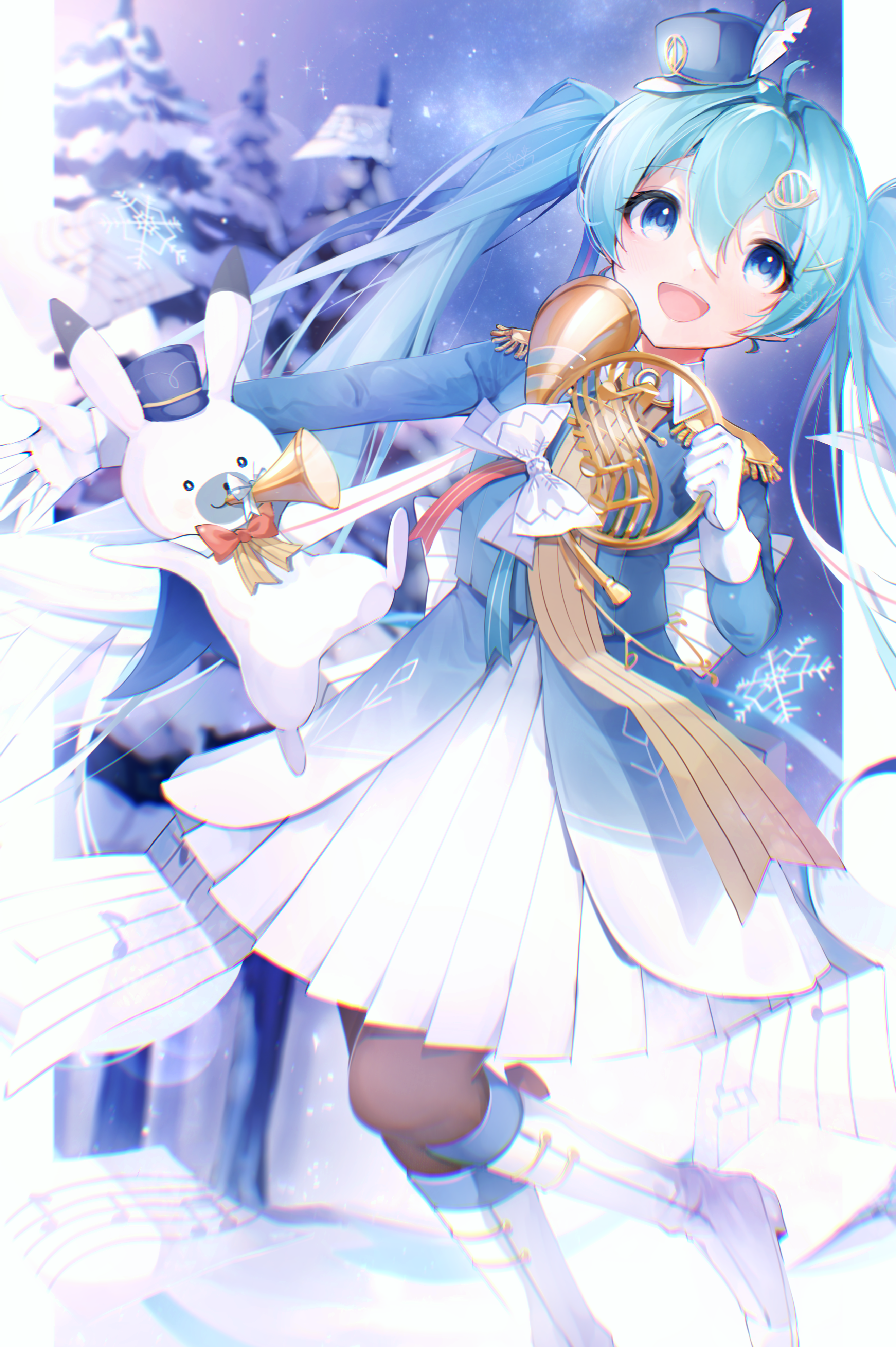 ketyara, hatsune miku, rabbit yukine, yuki miku, yuki miku (2020), vocaloid, absurdres, highres, 1girl, aqua eyes, aqua hair, band uniform, blush, boots, epaulettes, feathers, french horn, fringe trim, gloves, hair between eyes, hair ornament, hat, hat feather, holding, instrument, long hair, looking at viewer, mini hat, mini shako cap, musical note, musical note print, official alternate costume, official alternate hairstyle, open mouth, pleated skirt, rabbit, shako cap, skirt, smile, snowflake print, twintails, very long hair, white boots, white feathers, white gloves, white skirt