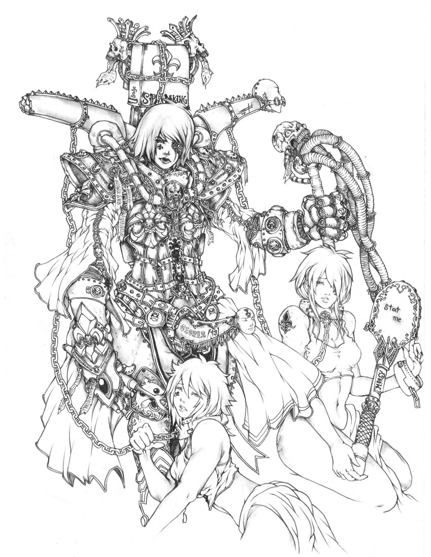 warhammer 40k, tagme, 3girls, monochrome, multiple girls, simple background