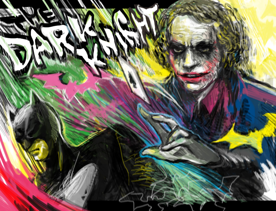 bonocho, batman, bruce wayne, heath ledger, letty whiterock, the joker, batman (series), dc comics, the dark knight, 2boys, bat (animal), black bodysuit, bodysuit, brown eyes, card, closed mouth, collared shirt, copyright name, expressionless, facepaint, glasgow smile, makeup, male focus, mask, multiple boys, outline, outstretched arm, parted lips, pink shirt, shirt, sketch, smile, upper body, white outline, wing collar
