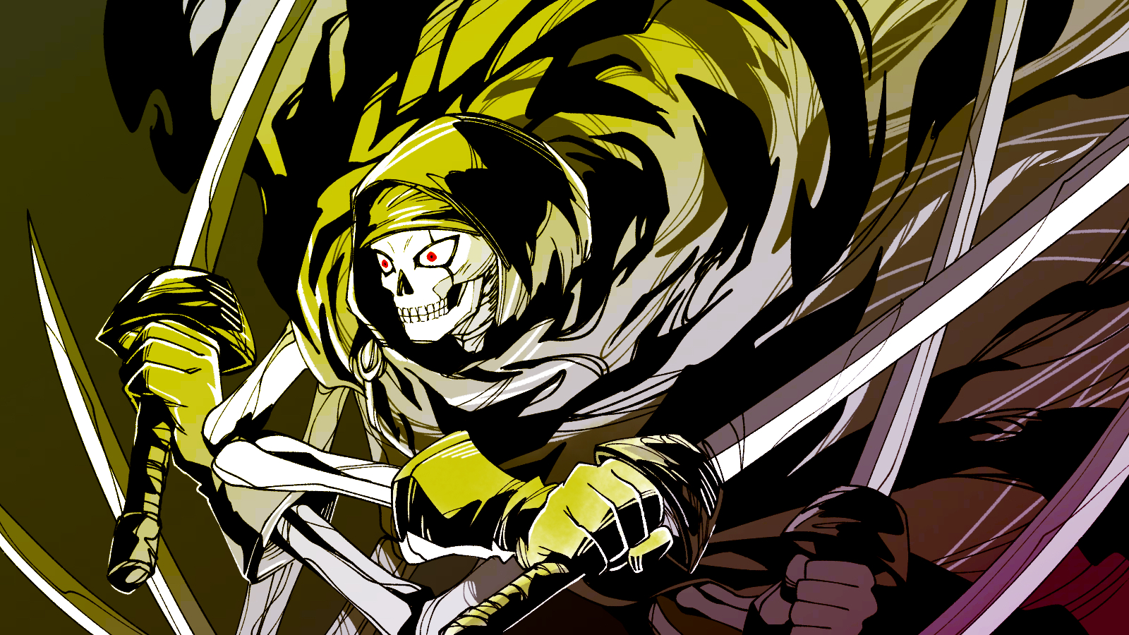 umi-be-to, skeleton (dragon quest), dragon quest, dragon quest dai no daibouken, highres, 1other, clenched hands, crossed arms, extra arms, facing to the side, fighting stance, gloves, grey cloak, grey gloves, grey helmet, grey hood, helmet, high contrast, holding, holding sword, holding weapon, rainbow gradient, red eyes, skeleton, spot color, sword, upper body, weapon, wind