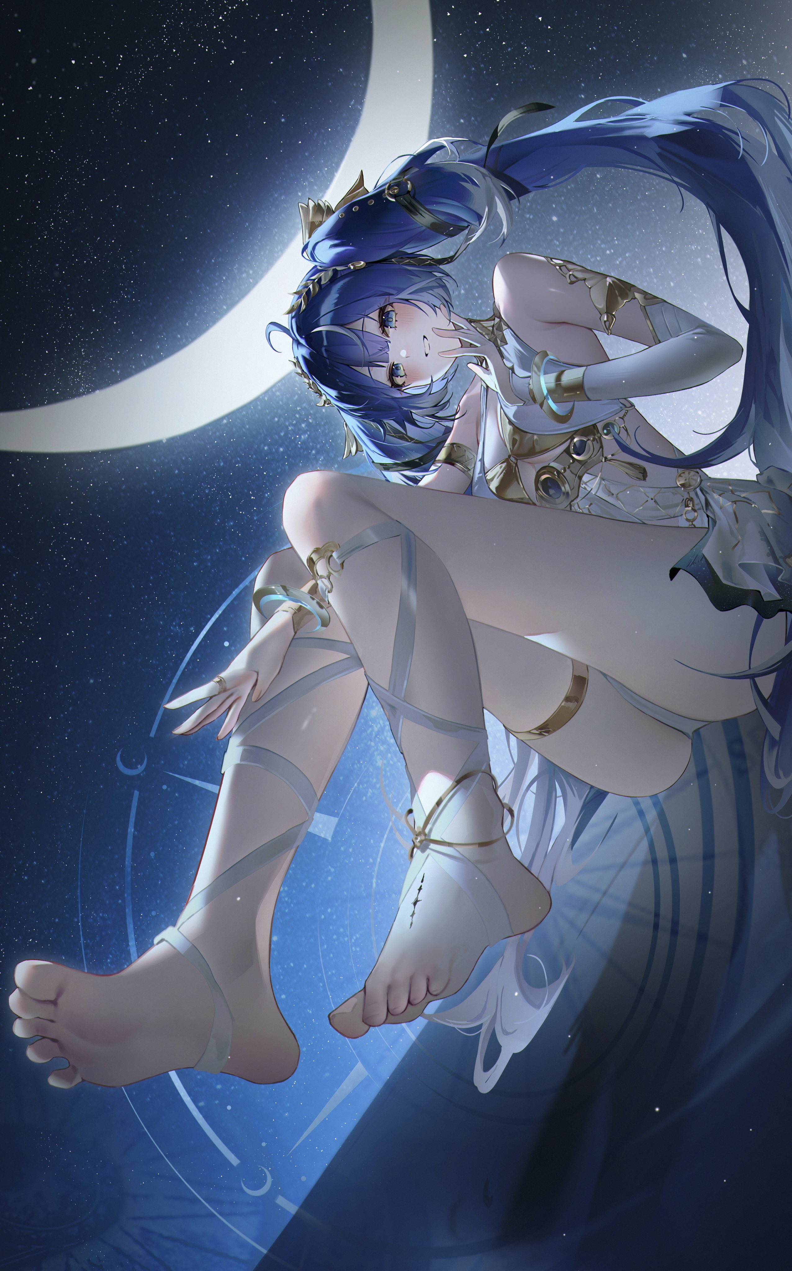 hisiya (wldn1112), iuno (wuthering waves), wuthering waves, absurdres, commentary, hashtag-only commentary, highres, 1girl, ancient greek clothes, armlet, bare shoulders, barefoot, blue eyes, blue hair, blush, breasts, feet, fingernails, from below, gold bra, greco-roman clothes, hair belt, hand up, head wings, head wreath, jewelry, leg wrap, long hair, looking at viewer, looking down, medium breasts, multicolored hair, night, night sky, parted lips, sky, smile, soles, solo, star (sky), starry sky, streaked hair, thighlet, thighs, toes, twintails, very long hair, wings