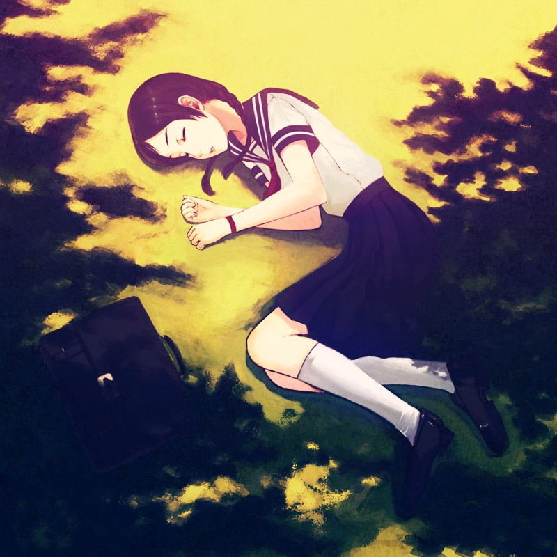 para, tada (tactical tada), bad id, bad pixiv id, bag, braid, brown eyes, closed eyes, field, lying, satchel, school bag, school uniform, serafuku, skirt, sleeping, socks, solo, twin braids