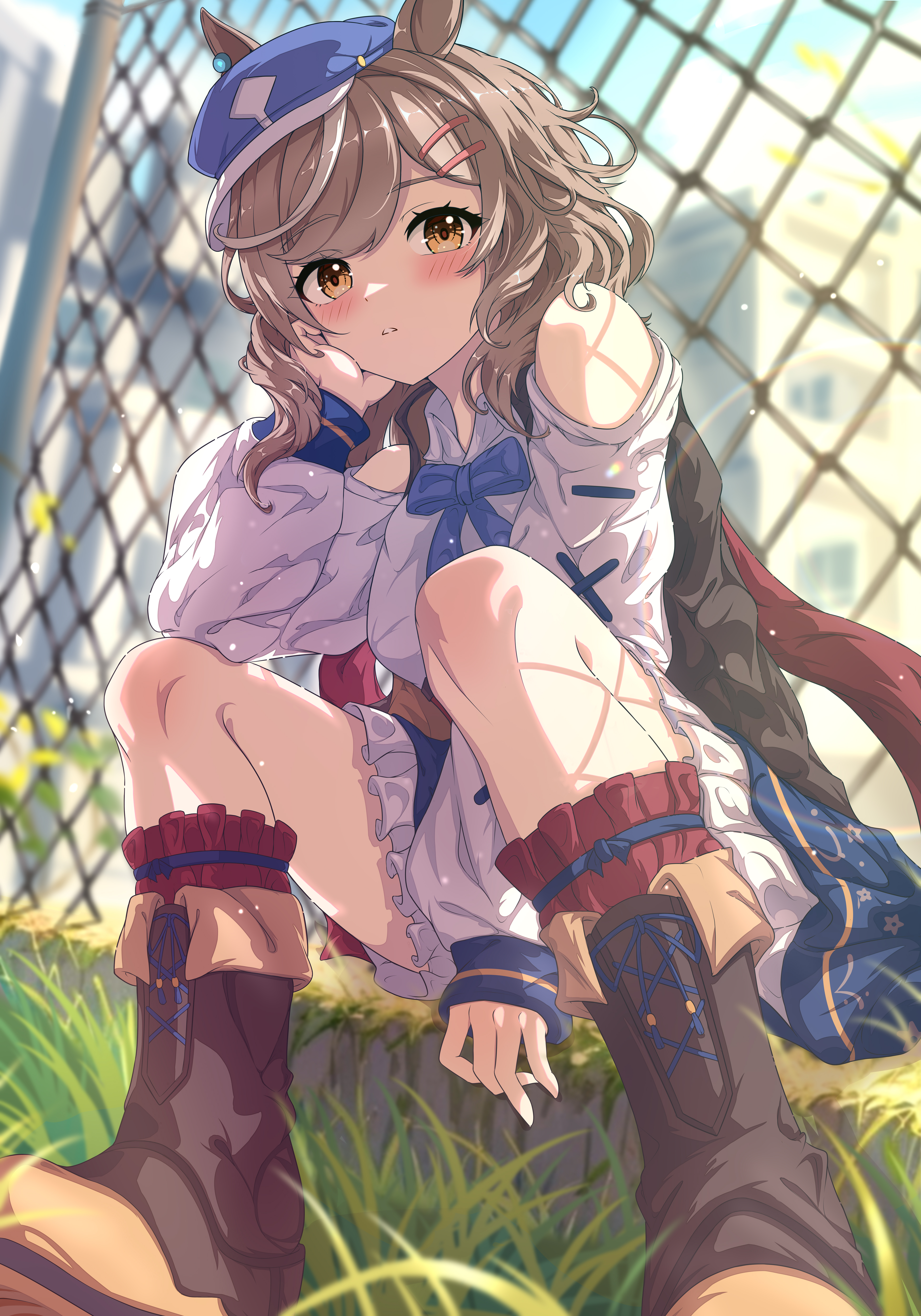 zc007, matikanetannhauser (umamusume), umamusume, absurdres, highres, 1girl, animal ears, bare shoulders, between legs, blue bow, blue hat, blue skirt, blush, boots, bow, brown boots, brown eyes, brown hair, clothing cutout, ears through headwear, from below, hand on own face, hat, horse ears, horse girl, knee boots, looking at viewer, matikanetannhauser (panpaka tiltott) (umamusume), medium hair, parted lips, shirt, shoulder cutout, sitting, skirt, solo, white shirt