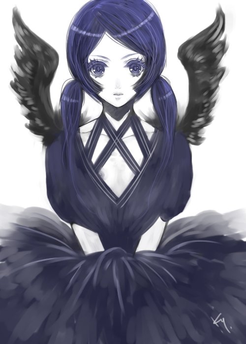 kaguyuzu, original, bad id, bad pixiv id, 1girl, black wings, blue eyes, blue hair, dress, eyelashes, female focus, kaguky, lips, matching hair/eyes, pale skin, purple eyes, purple hair, solo, twintails, wings