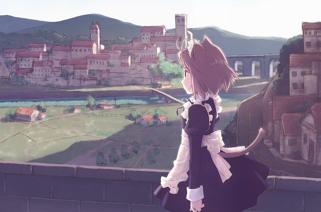 nyaou, animal ears, cat ears, cat tail, landscape, maid, scenery, short hair, solo, tail, town, tukisima