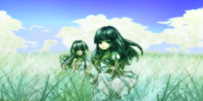 furude rika, hanyuu, higurashi no naku koro ni, 00s, 2girls, blue eyes, cloud, day, dress, field, grass, horns, long hair, multiple girls, purple eyes, purple hair, ribbon