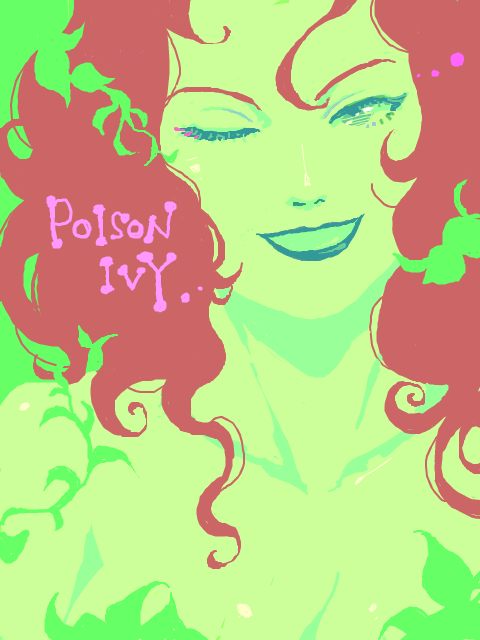 poison ivy, batman (series), dc comics, bad id, bad pixiv id, 1girl, character name, close-up, colored skin, female focus, green skin, green theme, high contrast, lipstick, makeup, monster girl, one eye closed, plant girl, red hair, smile, solo, wearing plant, wink