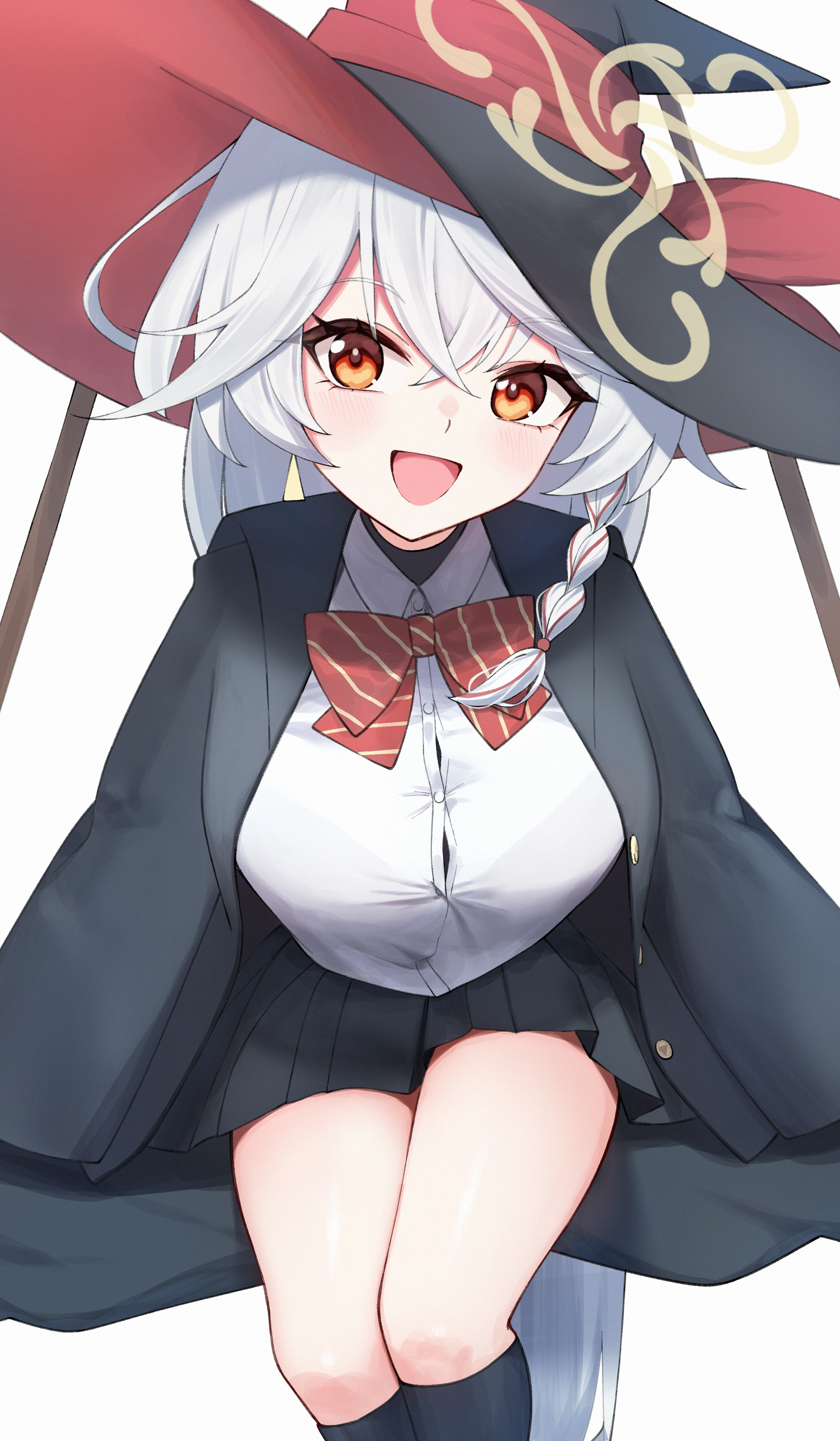 uine (bobhairshuki), eri (blue archive), blue archive, absurdres, highres, 1girl, black coat, black skirt, bow, braid, breasts, coat, collared shirt, hair between eyes, hat, large breasts, light blush, long hair, looking at viewer, open mouth, orange eyes, pleated skirt, red bow, shirt, side braid, simple background, skirt, smile, solo, thighs, white background, white hair, white shirt, witch hat