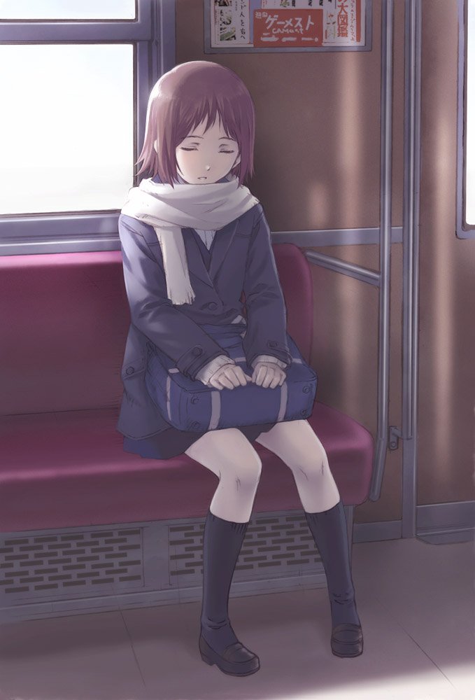 nyaou, original, 1girl, bag, brown hair, closed eyes, coat, female focus, scarf, short hair, sitting, sleeping, sleeping upright, solo, train, train interior, tukisima