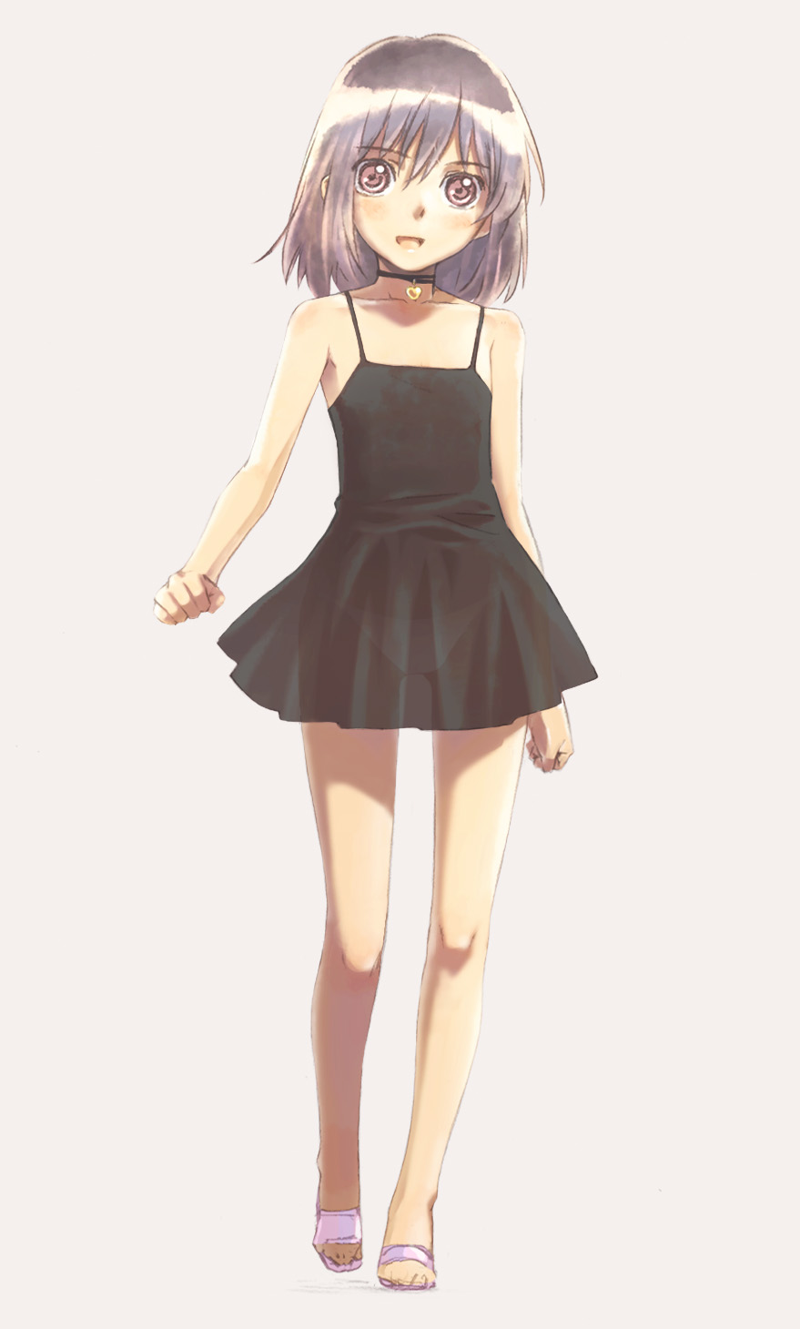 nyaou, highres, 1girl, bare shoulders, choker, dress, female focus, flat chest, full body, jewelry, legs, necklace, purple eyes, purple hair, see-through clothes, simple background, solo, tukisima, walking