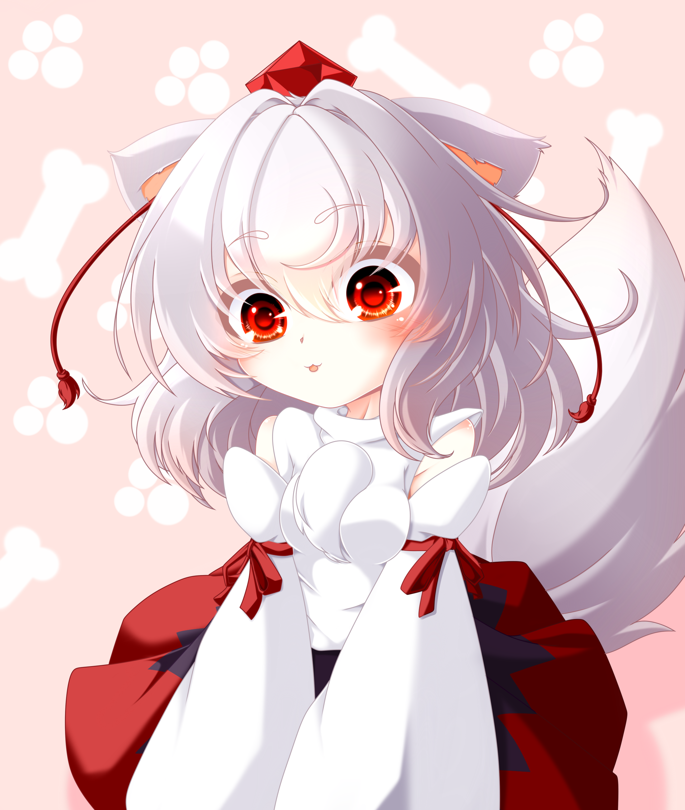muumuu (sirufuruteienn), inubashiri momiji, touhou, absurdres, commentary request, highres, 1girl, :3, animal ears, black skirt, blush, bone, breasts, crossed bangs, detached sleeves, ears down, hair between eyes, hands out of frame, hat, long sleeves, medium breasts, medium hair, open mouth, paw print, paw print background, pink background, pom pom (clothes), red eyes, red hat, red ribbon, red skirt, ribbon, ribbon-trimmed sleeves, ribbon trim, shirt, sitting, skirt, smile, solo, tail, tokin hat, two-tone skirt, upper body, white hair, white shirt, wide sleeves, wolf ears, wolf girl, wolf tail