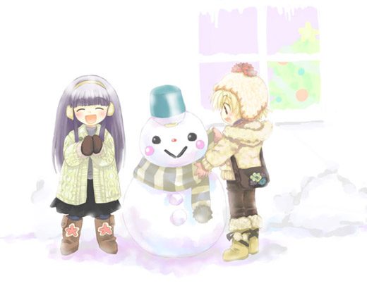 furude rika, houjou satoko, higurashi no naku koro ni, 00s, bag, blonde hair, blue hair, blush, boots, bucket, christmas tree, closed eyes, coat, gloves, hat, long hair, mittens, pantyhose, scarf, short hair, skirt, smile, snow, snowman, window, winter