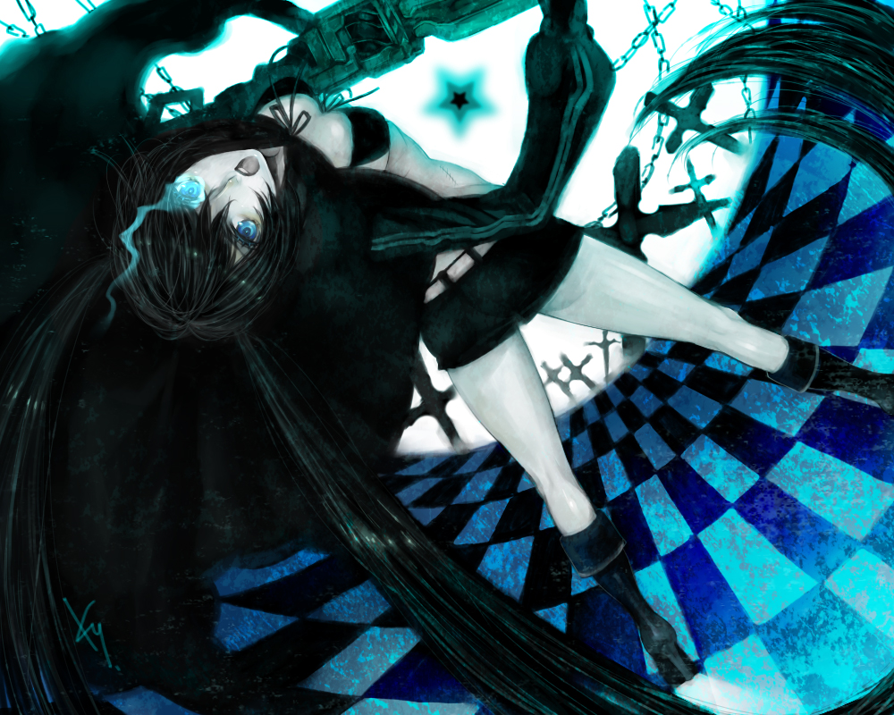 kaguyuzu, black rock shooter (character), black rock shooter, vocaloid, bad id, bad pixiv id, 10s, 1girl, black hair, blue eyes, boots, breasts, chain, female focus, high heel boots, high heels, kaguky, long hair, pale skin, shorts, solo, swimsuit, twintails