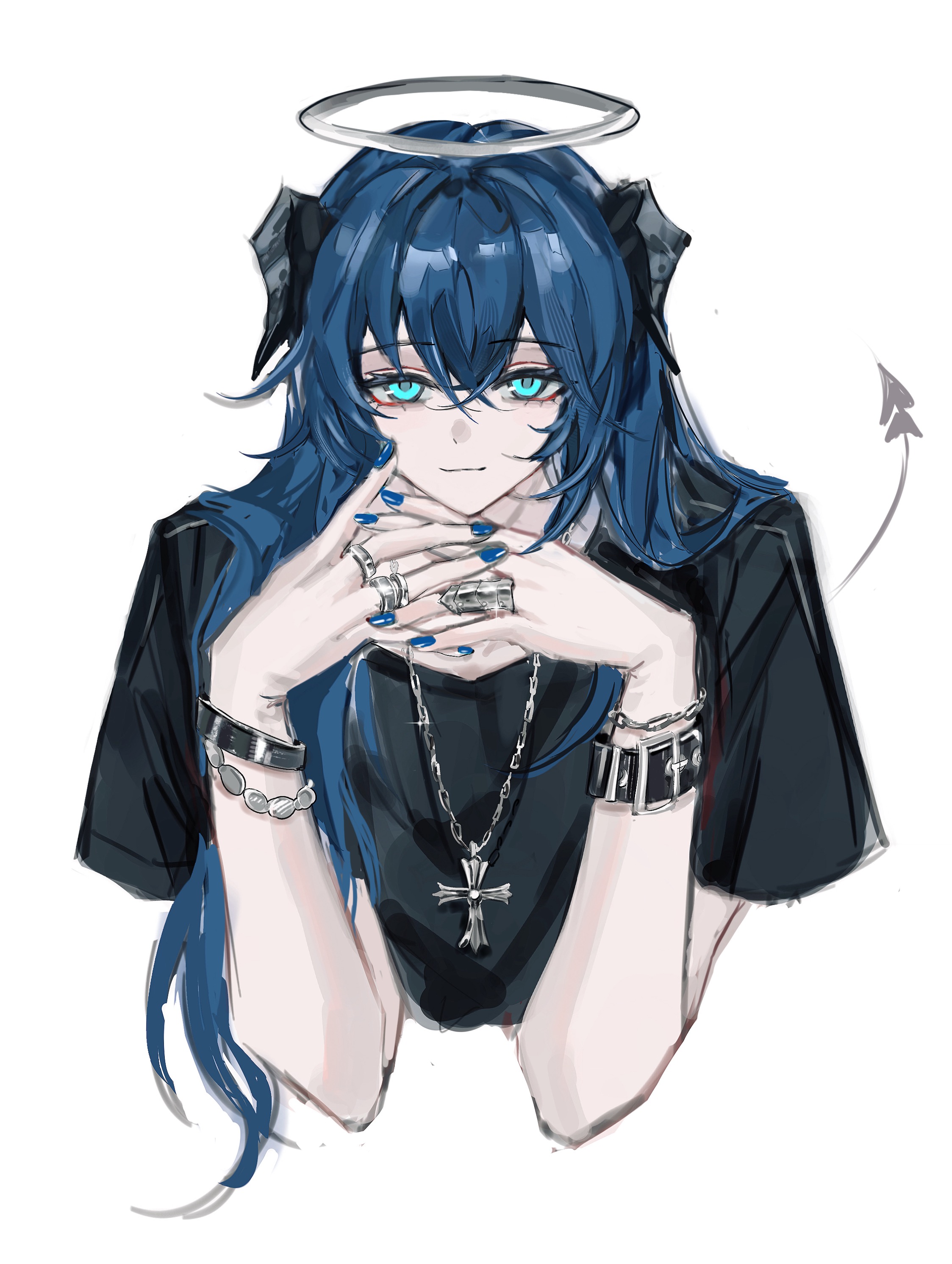 zhishi mao tiao, mostima (arknights), arknights, absurdres, chinese commentary, commentary request, highres, 1girl, aqua eyes, belt, belt buckle, black belt, black horns, black shirt, blue hair, blue nails, buckle, chain, chain necklace, closed mouth, cropped torso, cross, cross necklace, crossed bangs, fingernails, glint, grey halo, grey tail, hair between eyes, halo, horns, interlocked fingers, jewelry, latin cross, long hair, looking at viewer, multiple rings, nail polish, necklace, own hands together, ring, shirt, short sleeves, simple background, solo, tail, tail raised, traditional halo, white background, wrist belt