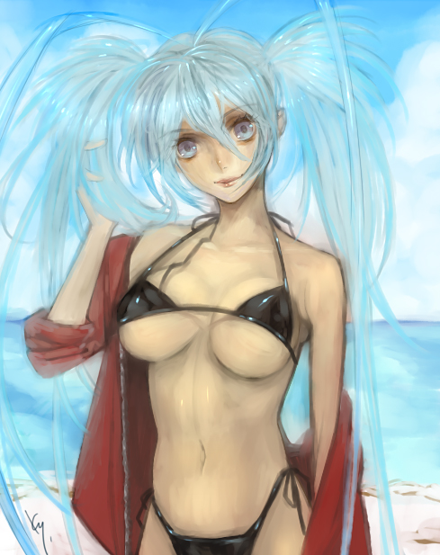 kaguyuzu, original, bad id, bad pixiv id, bikini, black bikini, blue eyes, blue hair, breasts, kaguky, large breasts, long hair, side-tie bikini bottom, solo, swimsuit, twintails, underboob