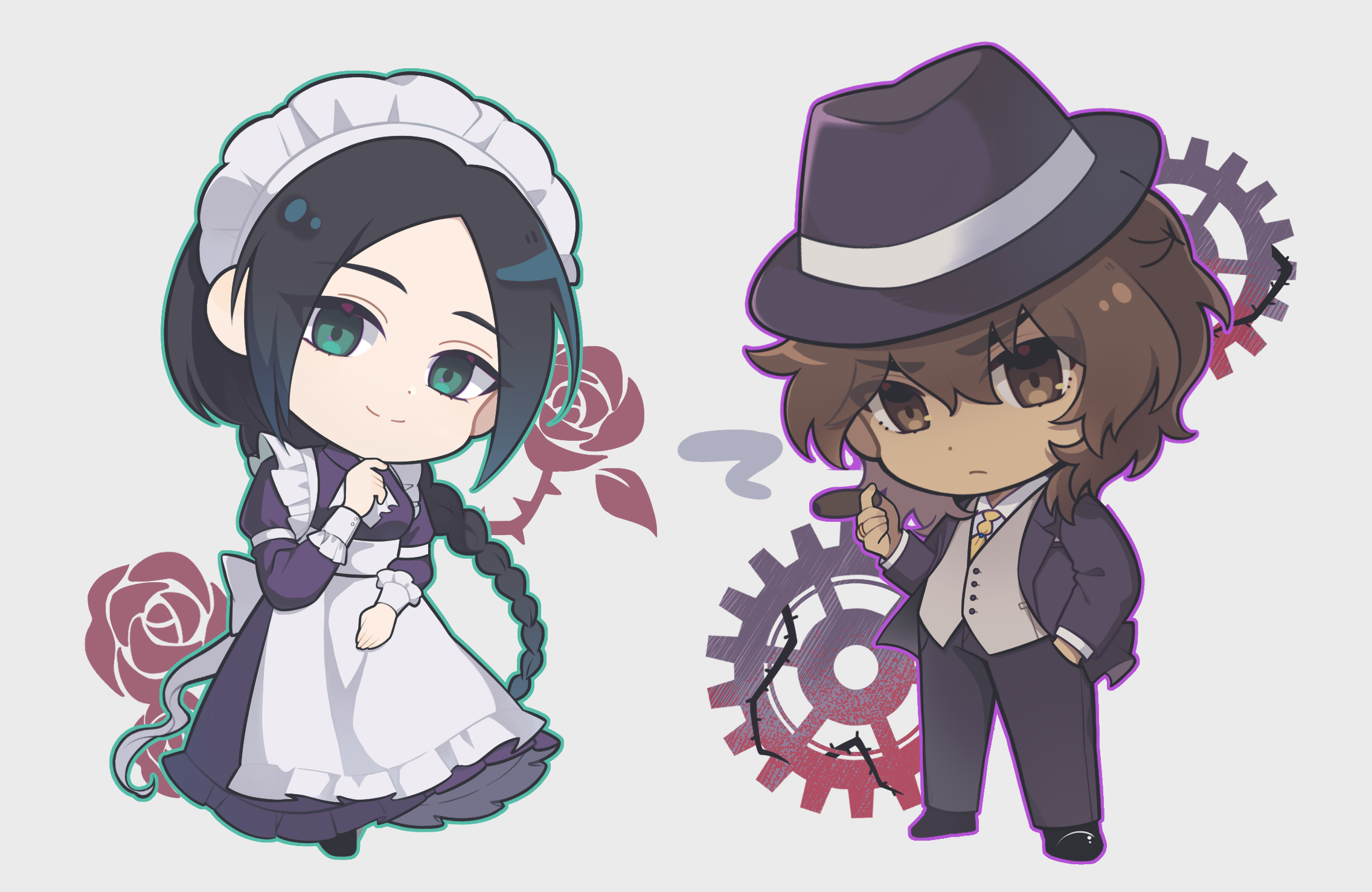 jacopo bearzatti, the maid (fata morgana no yakata), fata morgana no yakata, highres, 1boy, 1girl, apron, black hair, braid, brown eyes, brown hair, chibi, chibi only, cigar, dark-skinned male, dark skin, dress, fedora, formal clothes, frown, green eyes, grey background, hat, holding, holding cigar, jintianangehaishimeiyouma, long hair, looking at viewer, maid apron, maid headdress, medium hair, purple dress, smile, suit, very long hair