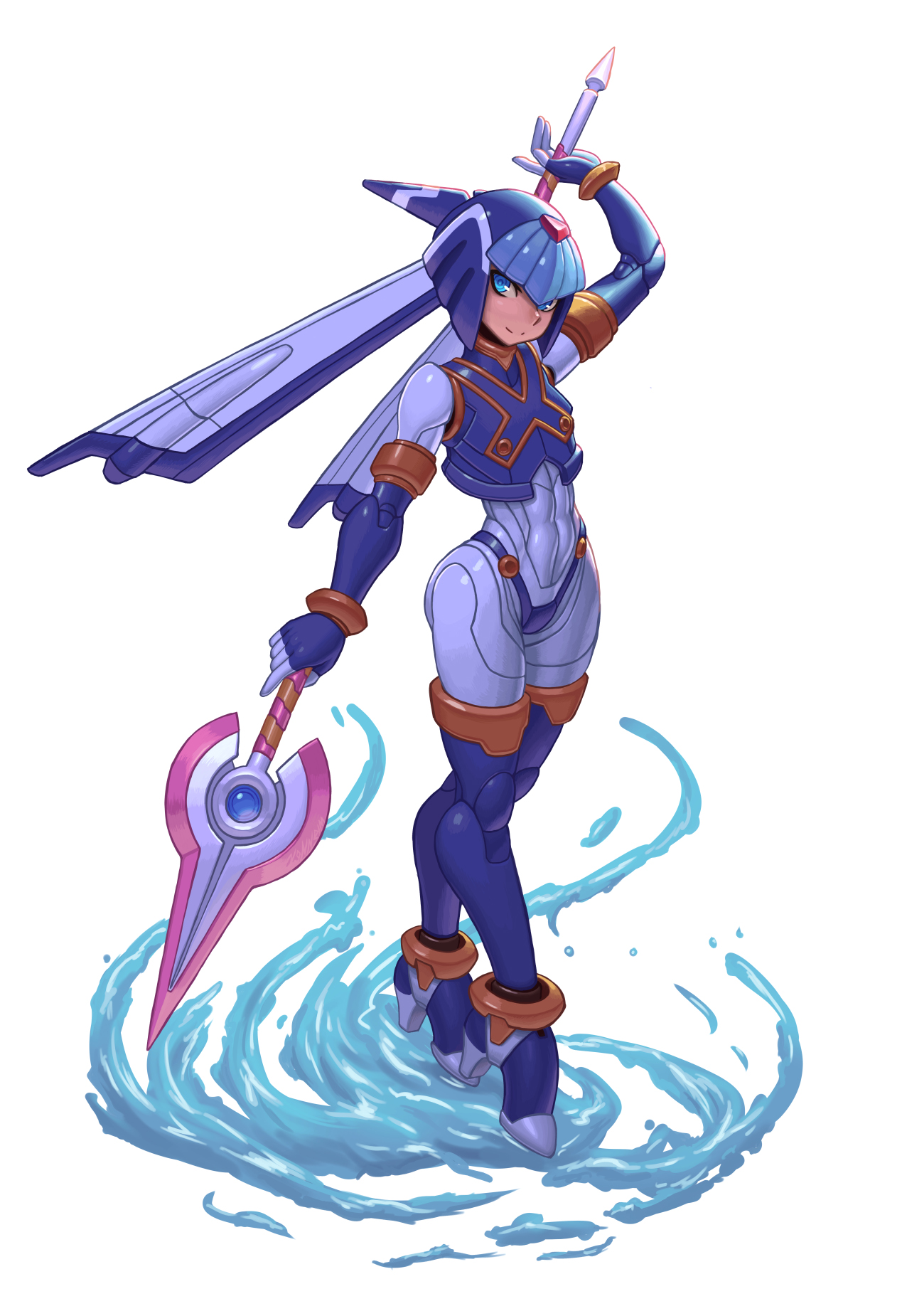 nonneim, fairy leviathan (mega man), mega man (series), mega man zero (series), highres, 1girl, android, armor, blue armor, blue eyes, blue helmet, boots, crop top, forehead jewel, full body, helmet, holding, holding polearm, holding weapon, polearm, robot girl, simple background, solo, spear, thighhighs, water, weapon, white background