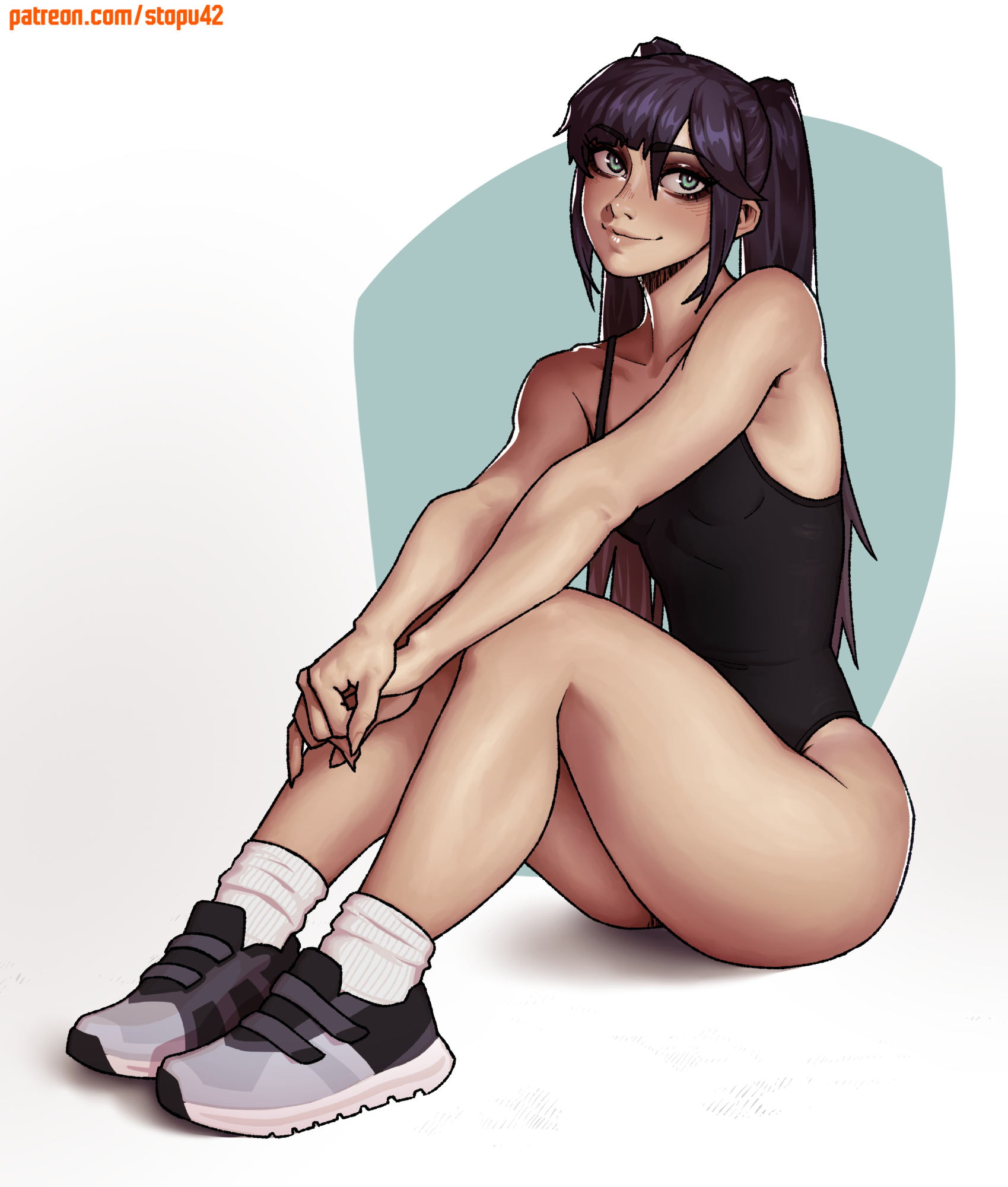 stopu, mona (genshin impact), genshin impact, commentary, english commentary, highres, 1girl, alternate costume, bare shoulders, black one-piece swimsuit, blush, breasts, closed mouth, collarbone, eyelashes, eyeshadow, fingernails, full body, green eyes, grey shoes, hair between eyes, knees up, lips, looking at viewer, makeup, nose, one-piece swimsuit, own hands together, patreon username, purple hair, shoes, sidelocks, simple background, sitting, small breasts, smile, solo, swimsuit, thighs, twintails, white background