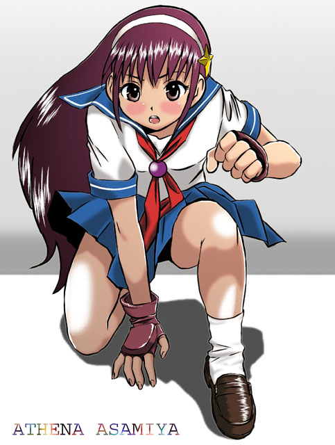 nemiosu, asamiya athena, snk, the king of fighters, the king of fighters xi, bad id, bad pixiv id, 1girl, blush, brown eyes, character name, female focus, fingerless gloves, gloves, long hair, purple hair, school uniform, serafuku, solo