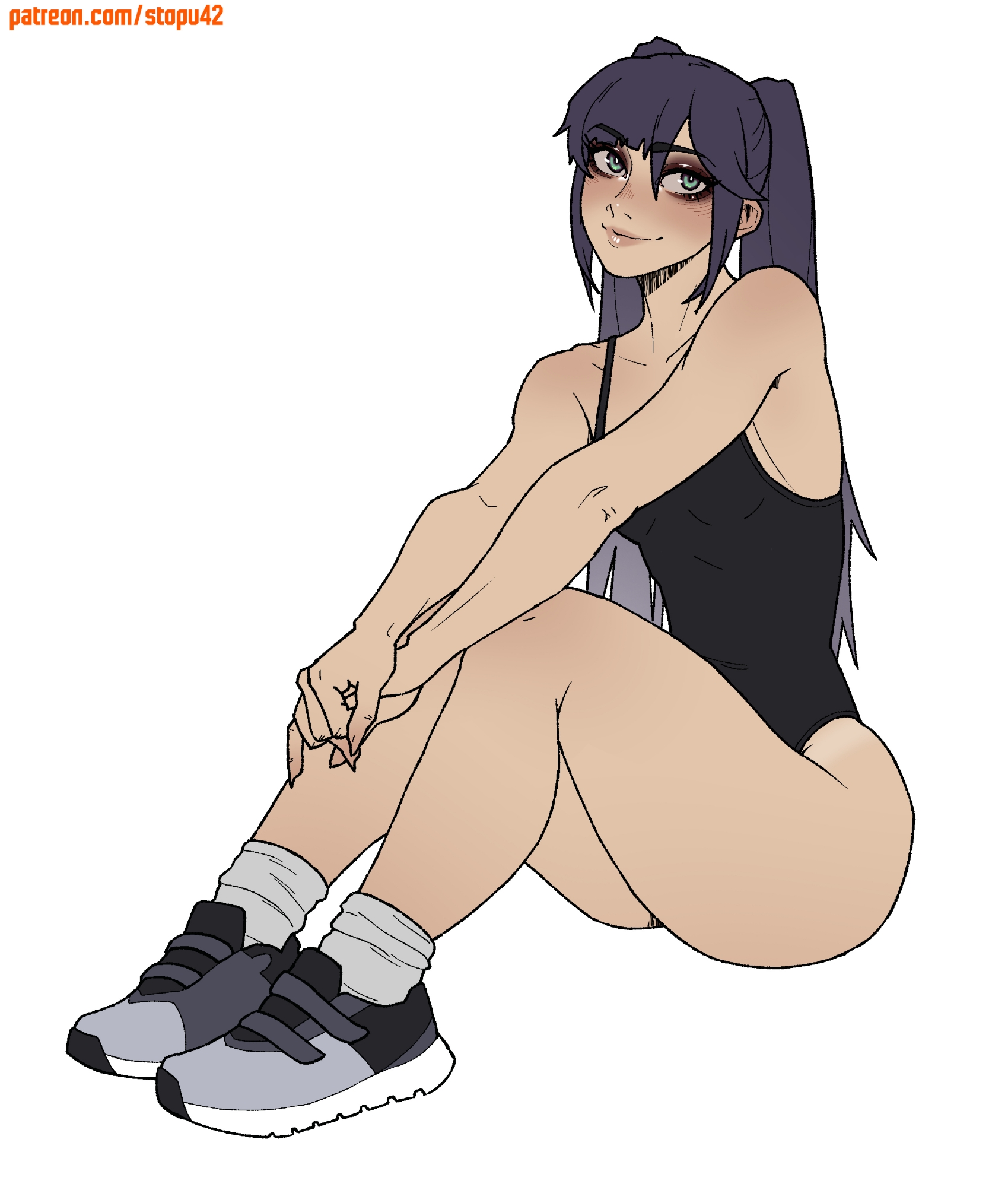 stopu, mona (genshin impact), genshin impact, commentary, english commentary, highres, 1girl, alternate costume, bare shoulders, black one-piece swimsuit, blush, breasts, closed mouth, collarbone, eyelashes, eyeshadow, fingernails, full body, green background, green eyes, grey shoes, hair between eyes, knees up, lips, looking at viewer, makeup, nose, one-piece swimsuit, own hands together, patreon username, purple hair, shoes, sidelocks, sitting, small breasts, smile, solo, swimsuit, thighs, twintails, white background