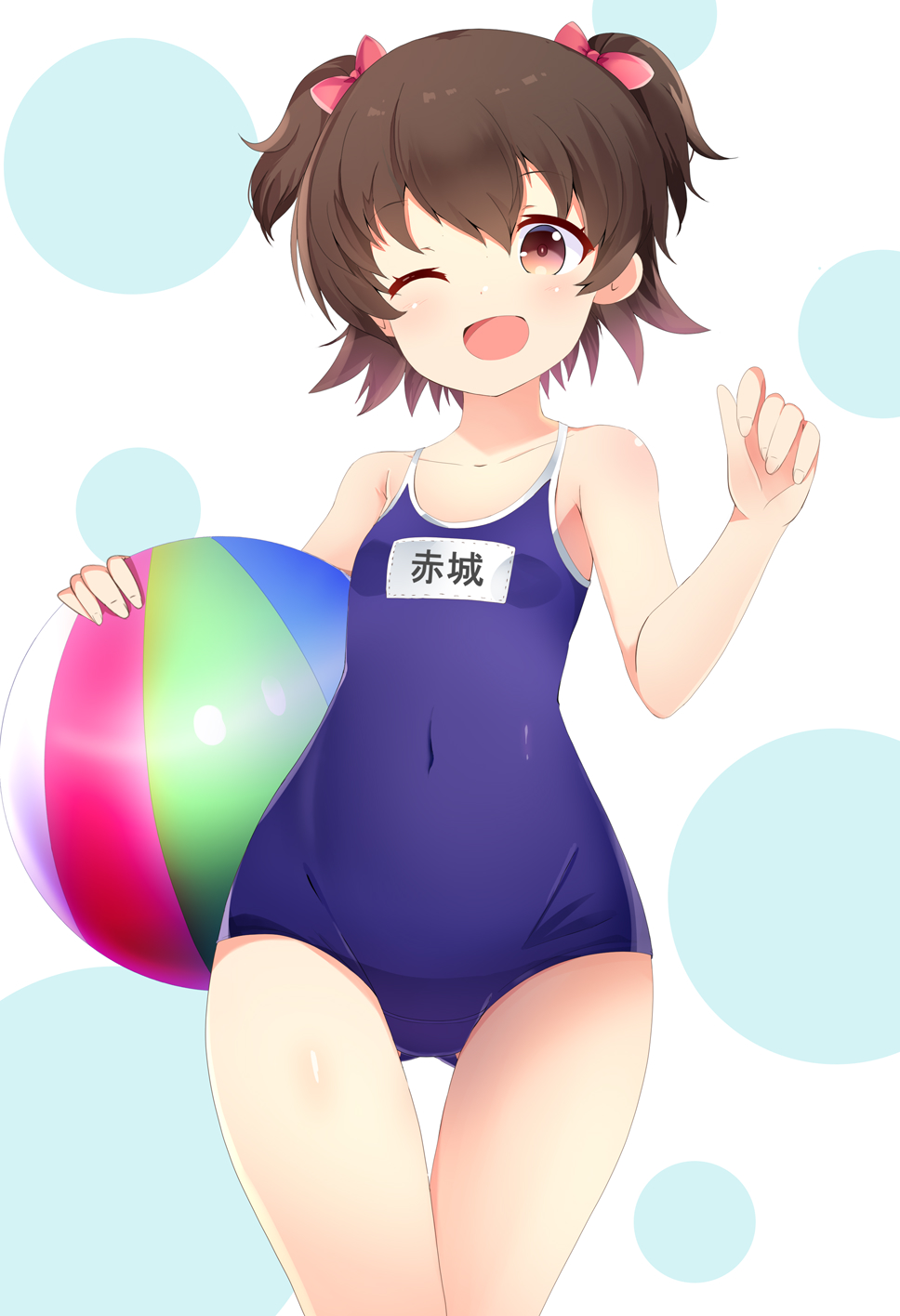 aru (arudes), akagi miria, idolmaster, idolmaster cinderella girls, highres, 1girl, black hair, blue one-piece swimsuit, blush, brown eyes, brown hair, covered navel, flat chest, gluteal fold, hair bobbles, hair ornament, multiple girls, name tag, old school swimsuit, one-piece swimsuit, one eye closed, open mouth, pear-shaped figure, petite, school swimsuit, shiny skin, short hair, smile, solo, standing, swimsuit, thigh gap, wide hips