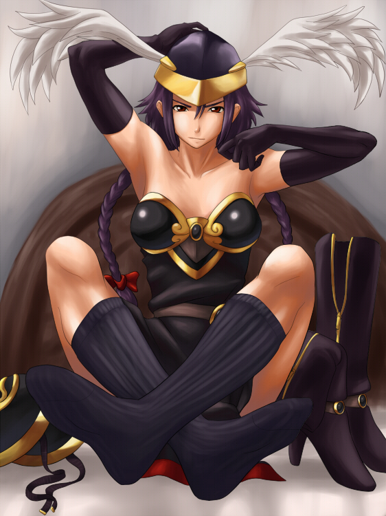 maasan, black valkyrie, valkyrie no densetsu, bad id, bad pixiv id, 1girl, armor, armpits, bare shoulders, braid, feet, female focus, head wings, helmet, long hair, purple hair, socks, solo, twin braids, wings