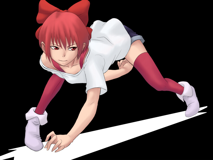 maasan, nekomusume, gegege no kitarou, toei company, bad id, bad pixiv id, bent over, hair ribbon, red eyes, red hair, ribbon, short hair, solo, thighhighs