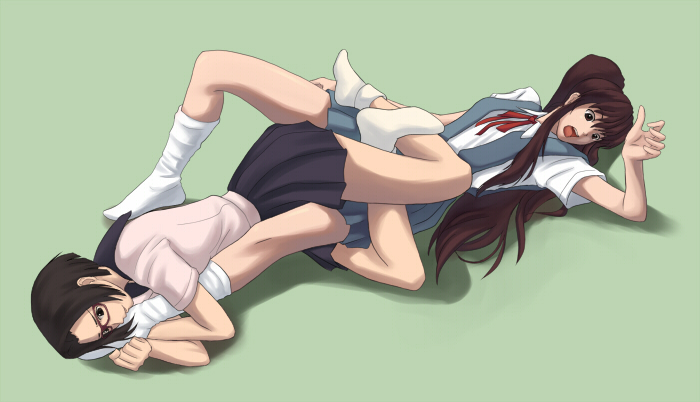 maasan, bad id, bad pixiv id, 2girls, black hair, brown hair, feet, glasses, green background, kneebar, leg lock, long hair, lying, multiple girls, school uniform, serafuku, short hair, skirt, socks, submission hold, tribadism, wrestling, yuri