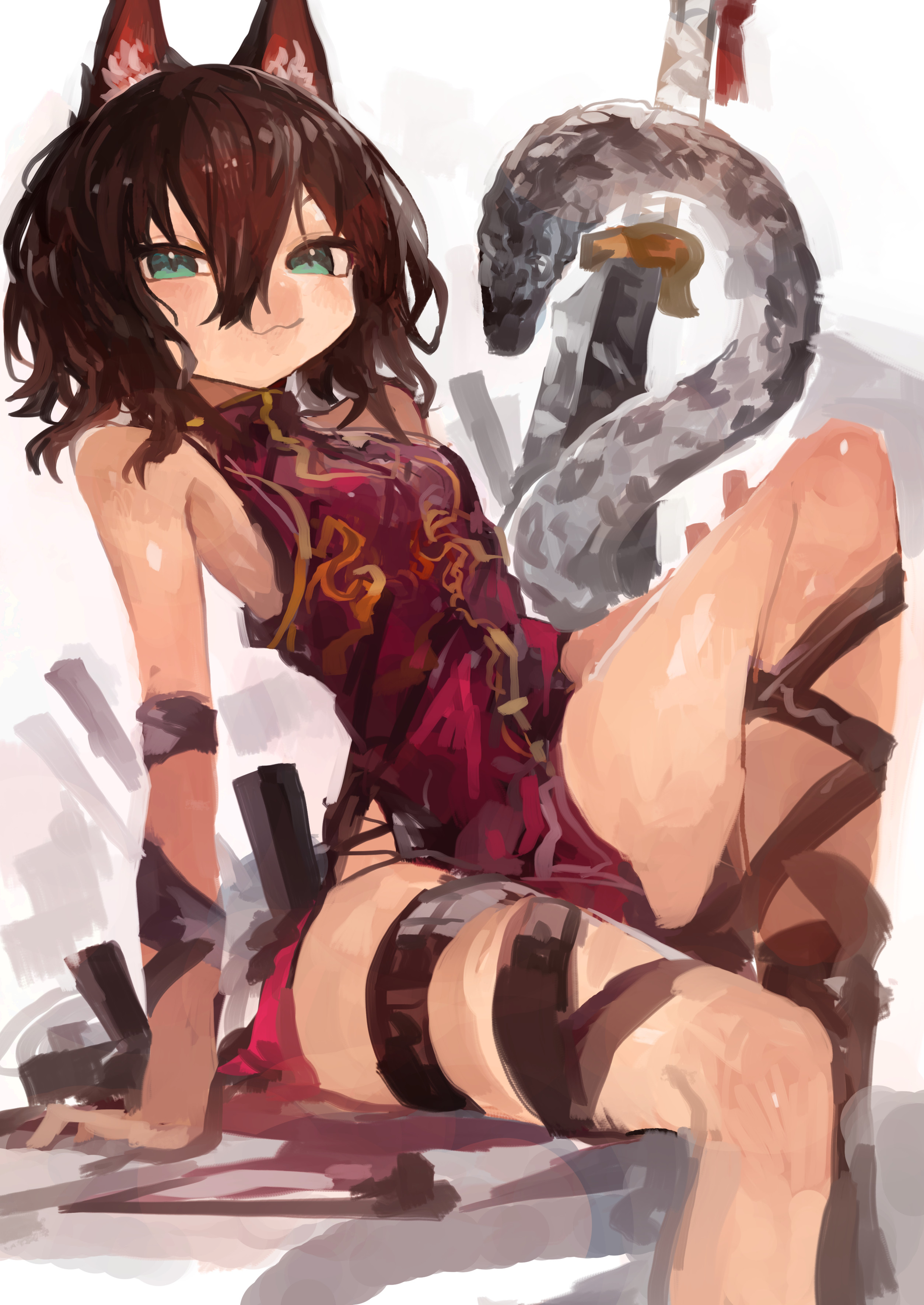 kaamin (mariarose753), original, absurdres, commentary request, highres, 1girl, :3, animal ear fluff, animal ears, bare shoulders, black hair, blue eyes, breasts, dress, hair between eyes, looking at viewer, medium breasts, pelvic curtain, planted, planted sword, planted weapon, red dress, simple background, sitting, sleeveless, sleeveless dress, solo, sword, tail, thigh strap, weapon