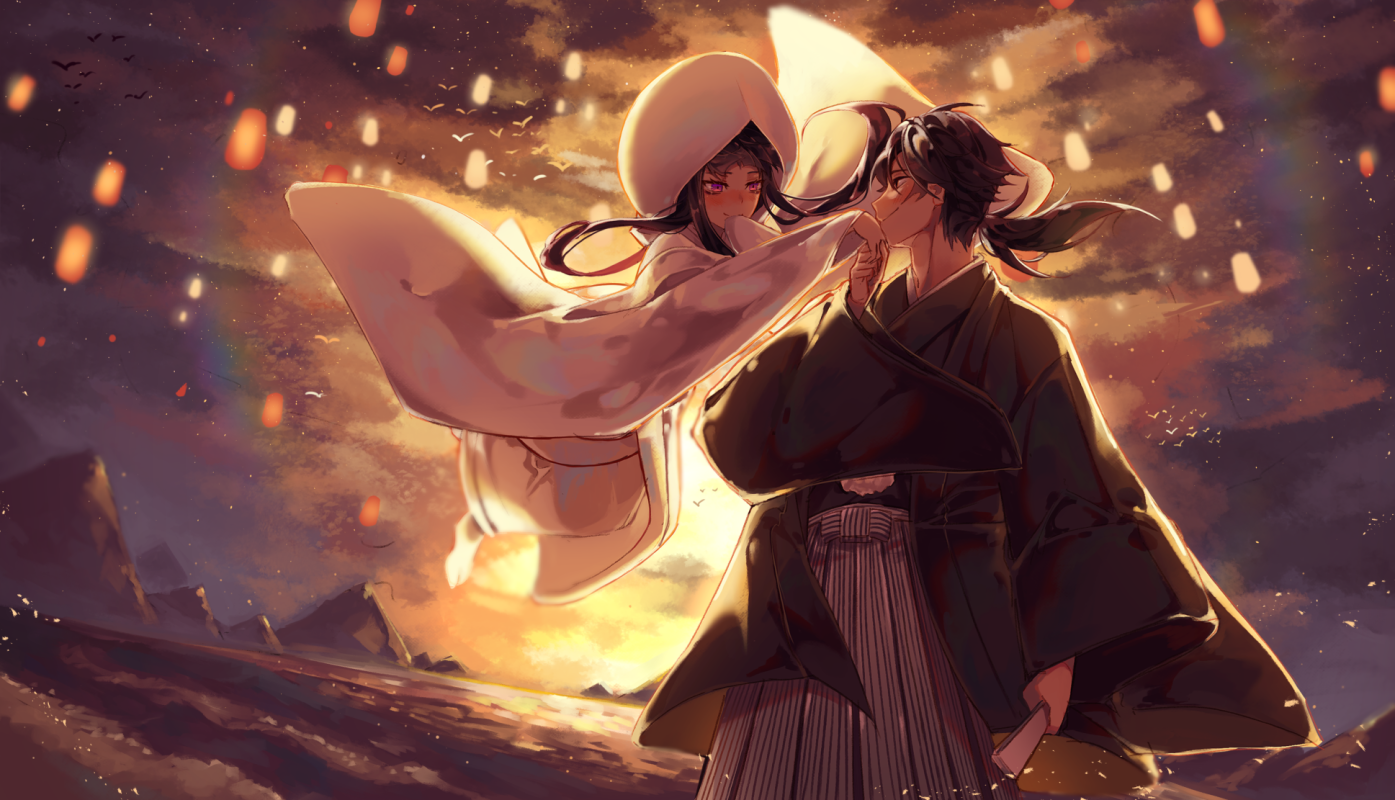 kikan (kikanoe), oryou (fate), sakamoto ryouma (fate), fate/grand order, fate (series), commentary request, 1boy, 1girl, black hair, dress, floating, hakama, hetero, holding, japanese clothes, kimono, kiss, kissing hand, mountain, outline, pink dress, ponytail, smile, uchikake, wide sleeves