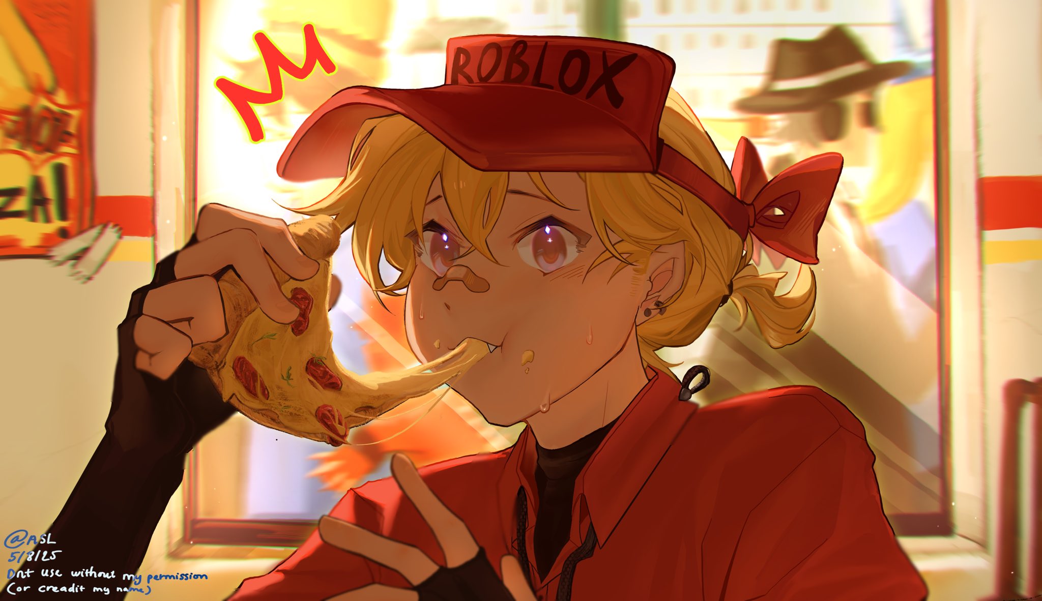 forsaken (roblox), roblox, highres, aslniko, bandaid, bandaid on face, bandaid on nose, black gloves, blonde hair, blurry, blurry background, brown eyes, crossed bangs, eating, elliot (forsaken), fingerless gloves, food, food on face, genderswap, genderswap (mtf), gloves, hair between eyes, holding, holding food, holding pizza, looking at viewer, notice lines, pizza, pizza slice, ponytail, poster (object), red shirt, shirt, sitting, upper body
