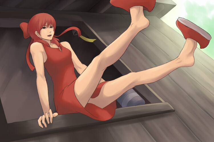 maasan, nekomusume, gegege no kitarou, toei company, bad id, bad pixiv id, 1girl, bow, dress, feet, female focus, pink bow, red hair, shoe dangle, short hair, sitting, solo