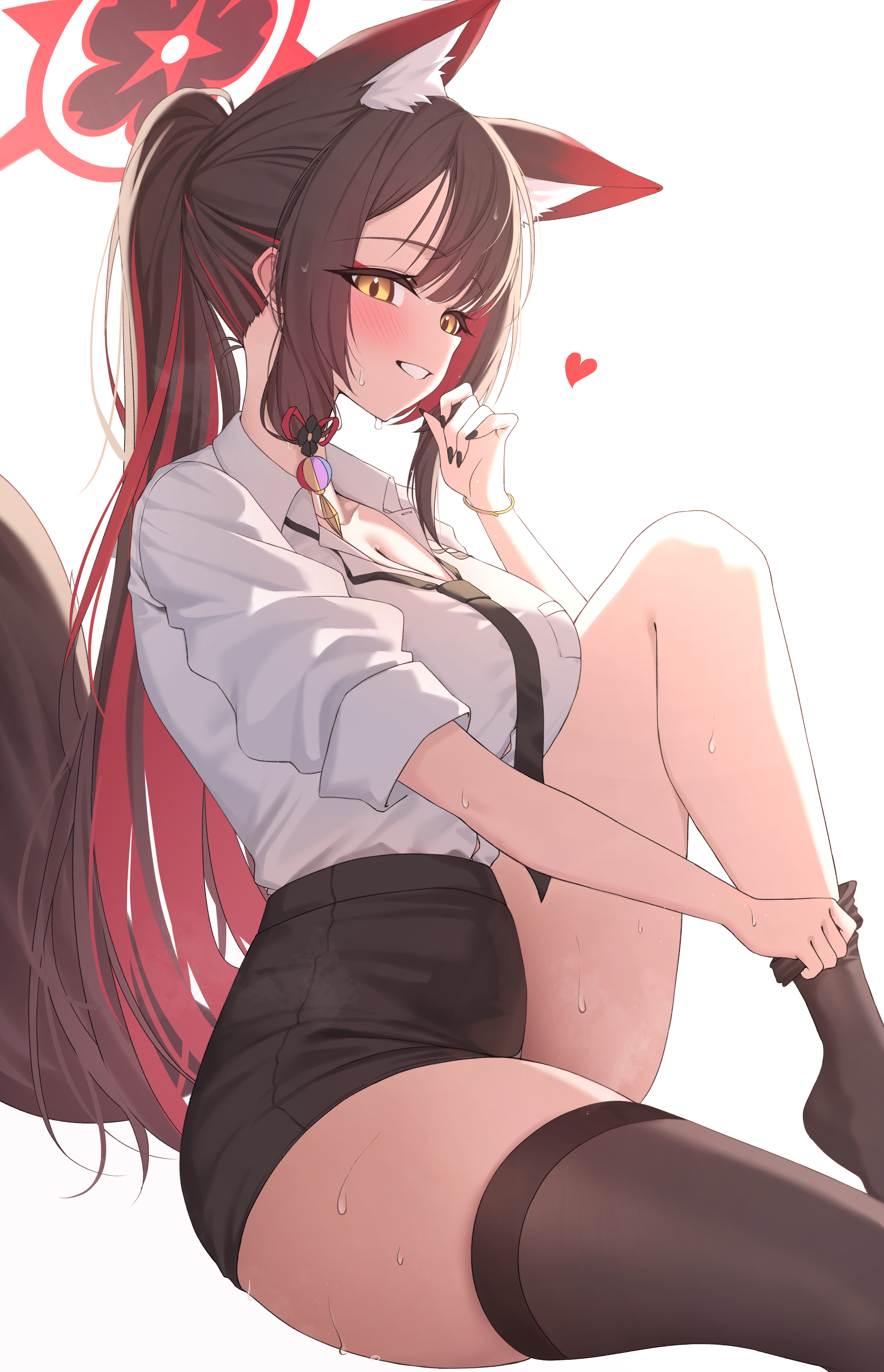 gyu chul, wakamo (blue archive), blue archive, absurdres, commentary request, highres, 1girl, adjusting clothes, adjusting legwear, animal ear fluff, animal ears, black hair, black nails, black necktie, black skirt, black thighhighs, blush, breast pocket, breasts, cleavage, collarbone, collared shirt, colored inner hair, day, dutch angle, fox ears, fox girl, fox tail, from side, hair ornament, halo, hand up, heart, knee up, large breasts, legs, long hair, looking at viewer, multicolored hair, nail polish, necktie, parted lips, pocket, ponytail, red hair, red halo, school uniform, shirt, shirt tucked in, short sleeves, sidelocks, simple background, sitting, skirt, smile, solo, steaming body, sweat, tail, thighhighs, thighs, very long hair, white background, white shirt, yellow eyes