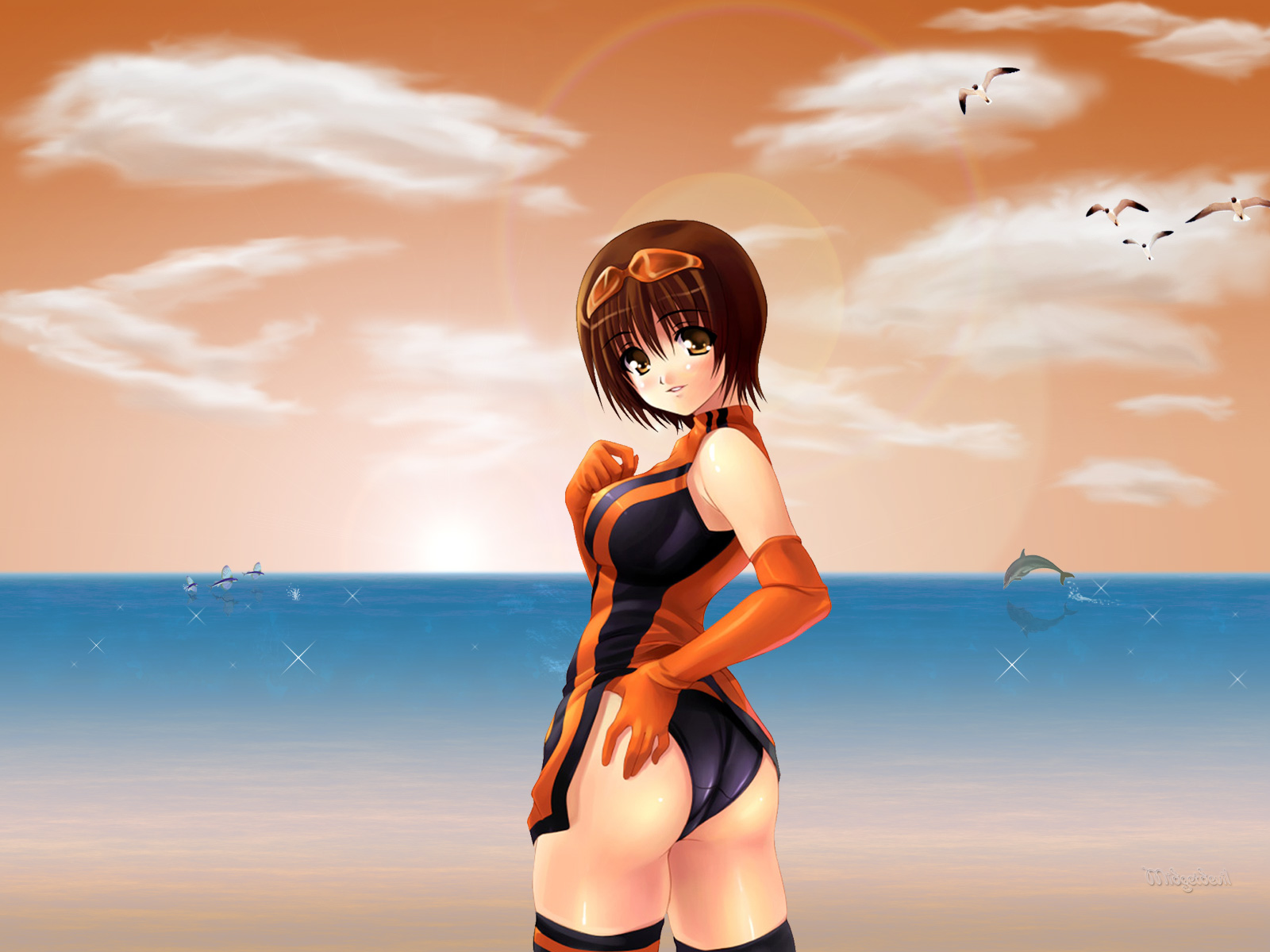 highres, ass, beach, bird, brown hair, dolphin, elbow gloves, gloves, ocean, rainbow, short hair, sky